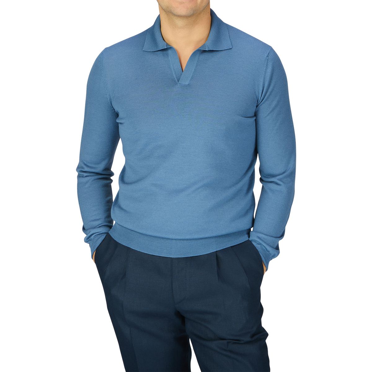 A man dressed in a Gran Sasso Blue Travel Wool Knitted LS Polo Shirt and pants.
