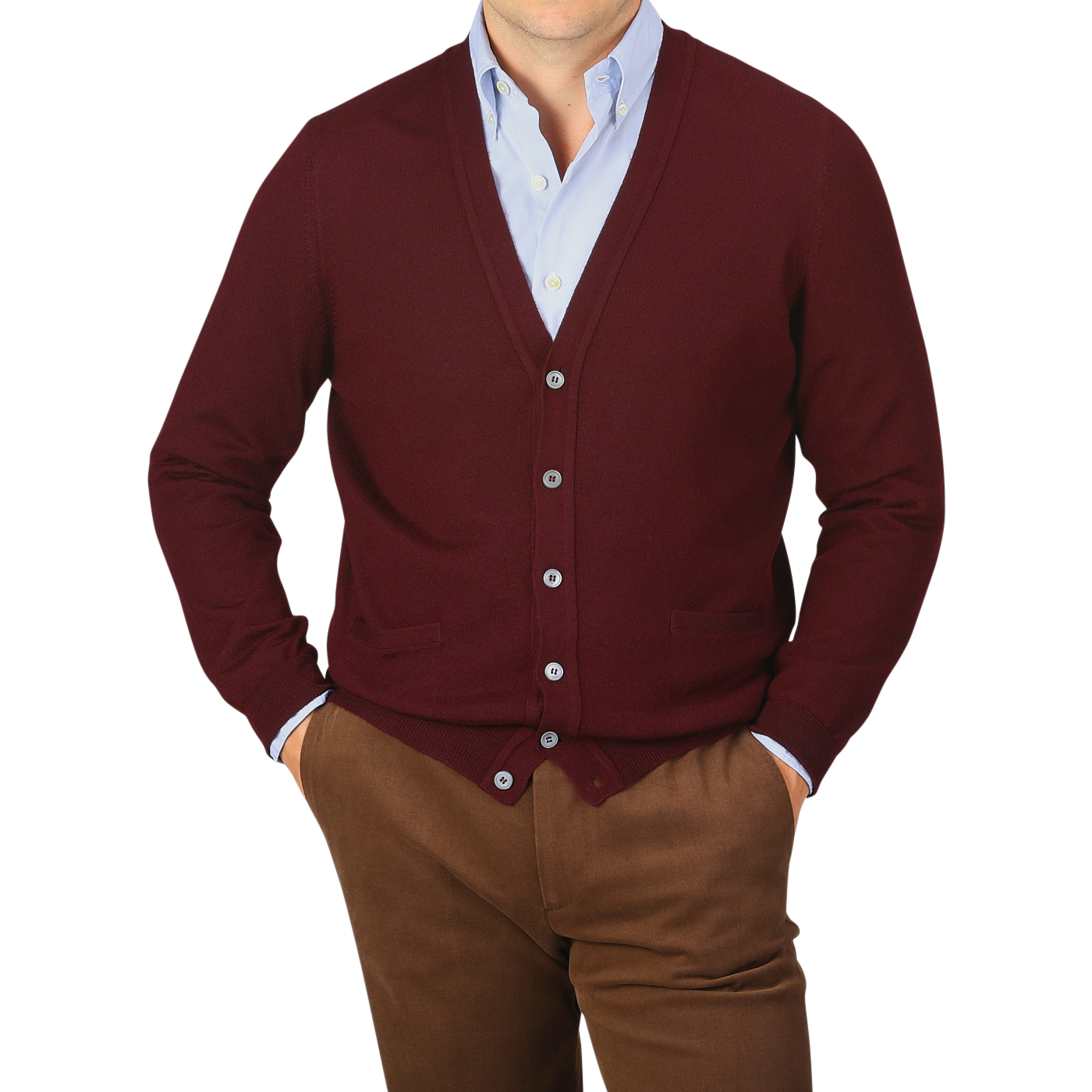 A person is wearing a Bordeaux Extra Fine Merino Wool Cardigan by Gran Sasso over a light blue dress shirt and brown pants.