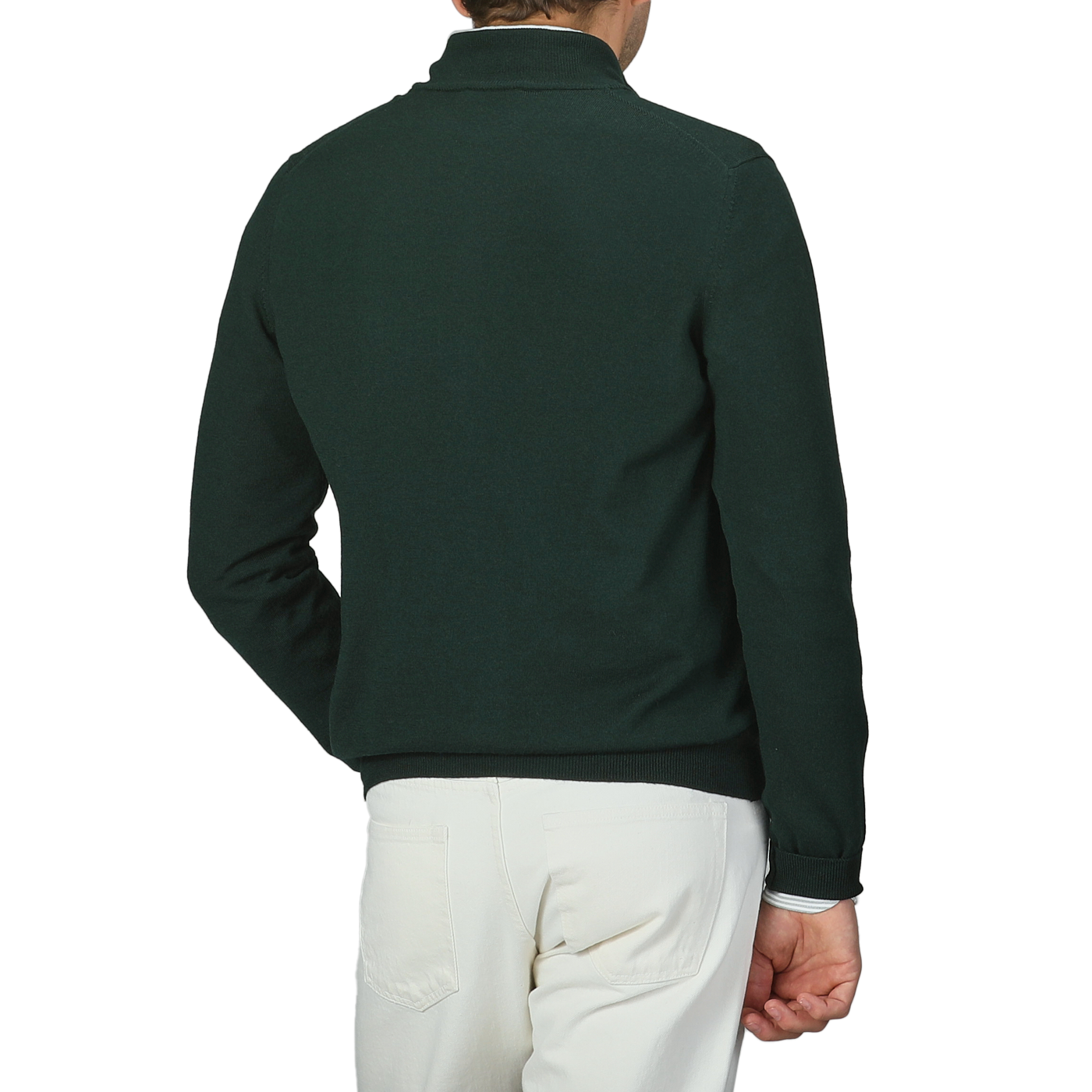 A person, shown from the back, is wearing the Bottle Green Extrafine Merino Wool Zip Cardigan by Gran Sasso, paired stylishly with white pants.