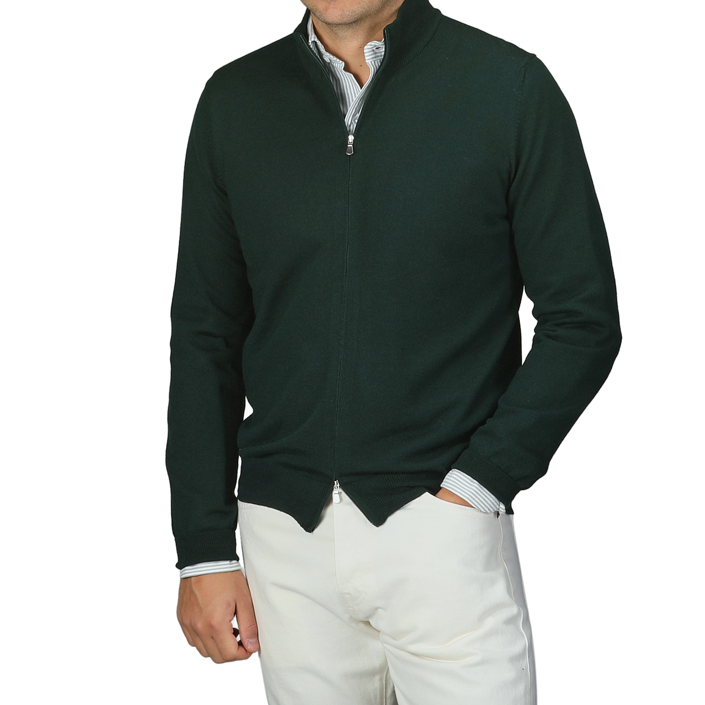 A person wearing a Gran Sasso Bottle Green Extrafine Merino Wool Zip Cardigan over a striped shirt and white pants.