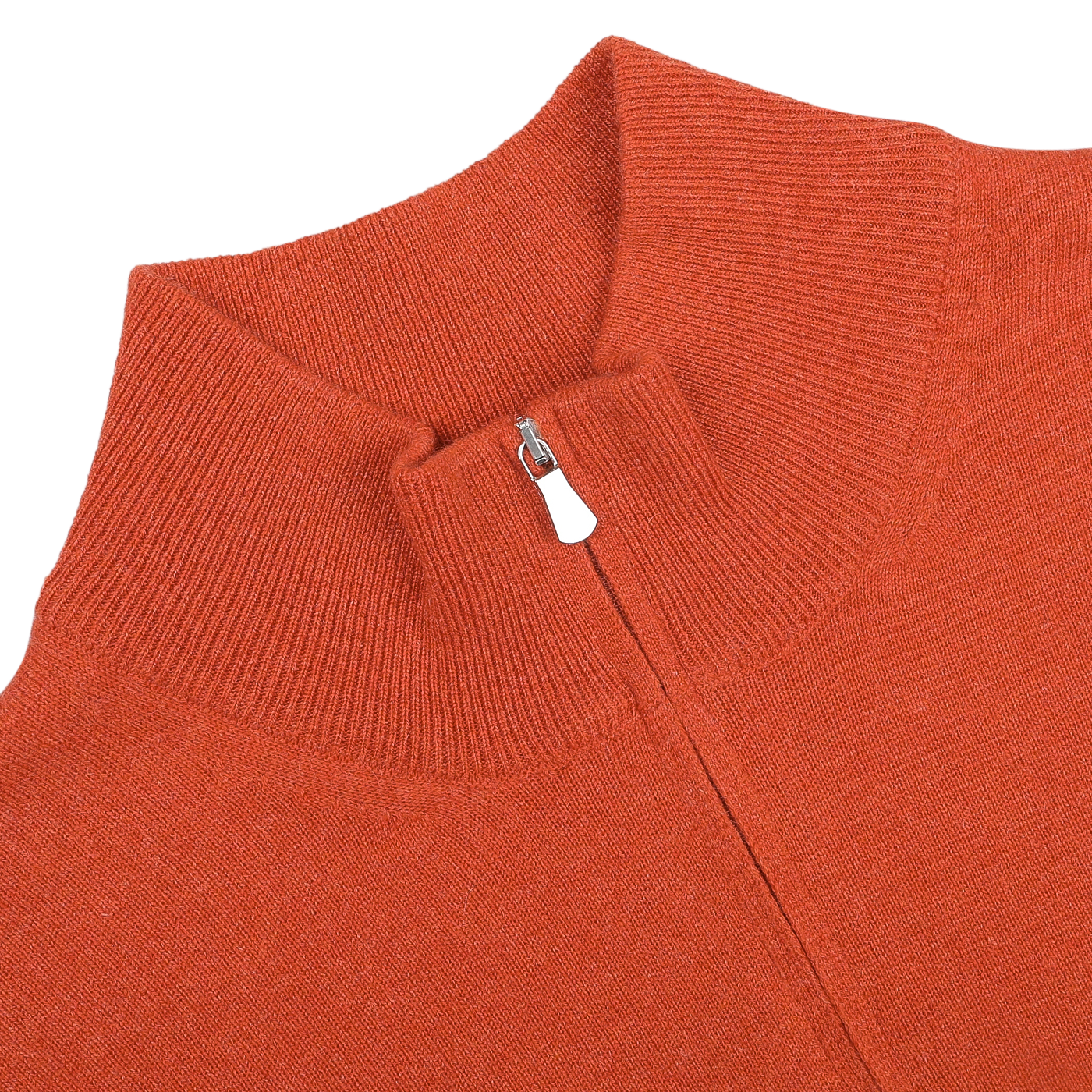 Close-up of a Bright Orange Cashmere 1/4 Zip Sweater by Gran Sasso, featuring a ribbed collar, lying flat against a neutral background.