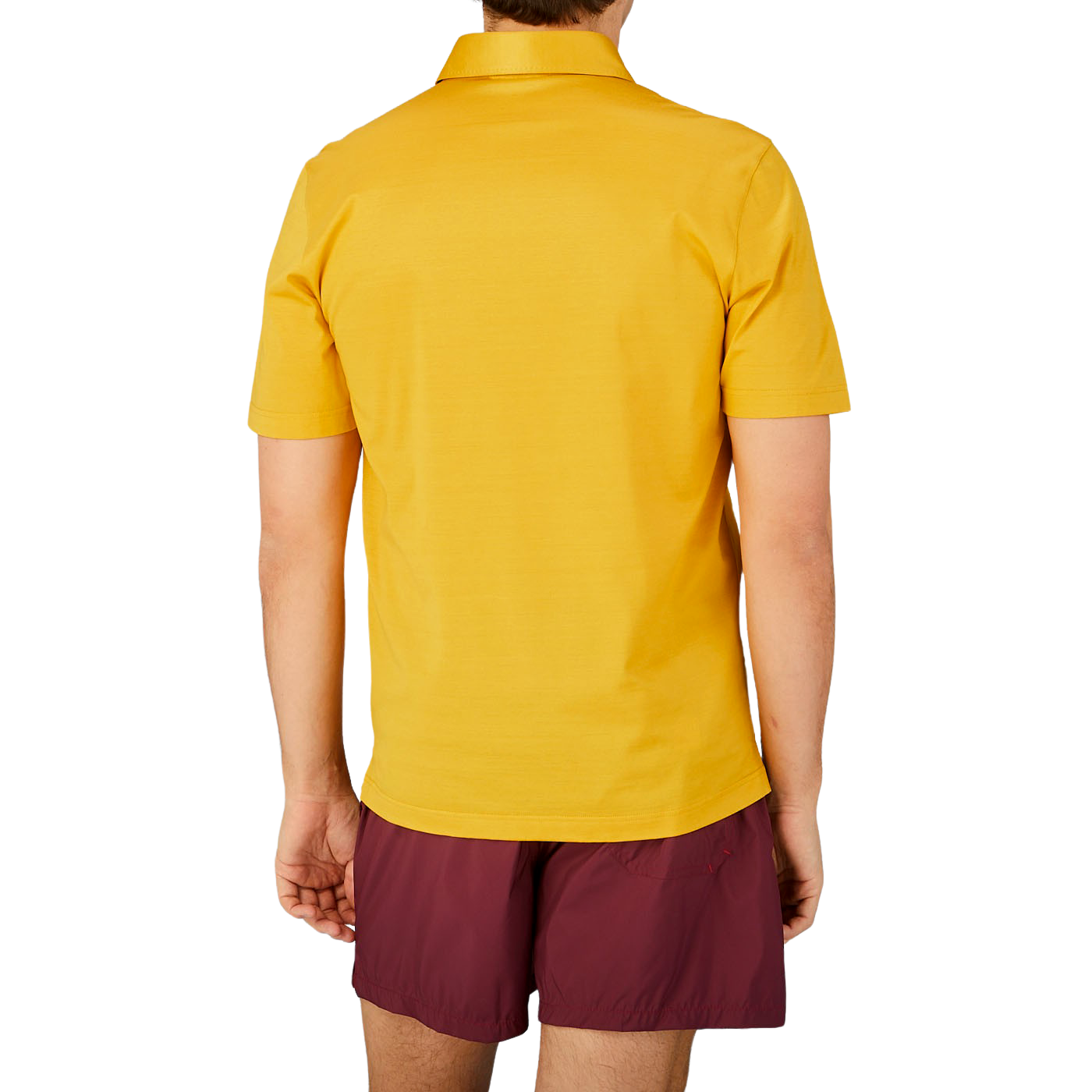 The back view of a man wearing a Gran Sasso Bright Yellow Cotton Filo Scozia Polo Shirt.