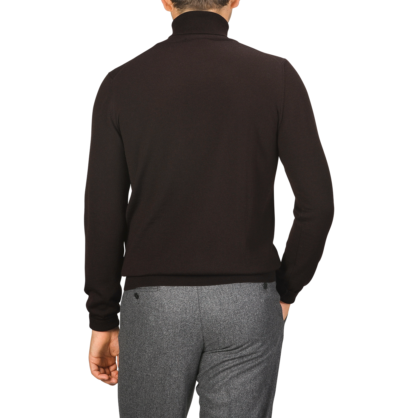 A person is seen from the back wearing a dark Gran Sasso Brown Extra Fine Merino Roll Neck and grey pants.