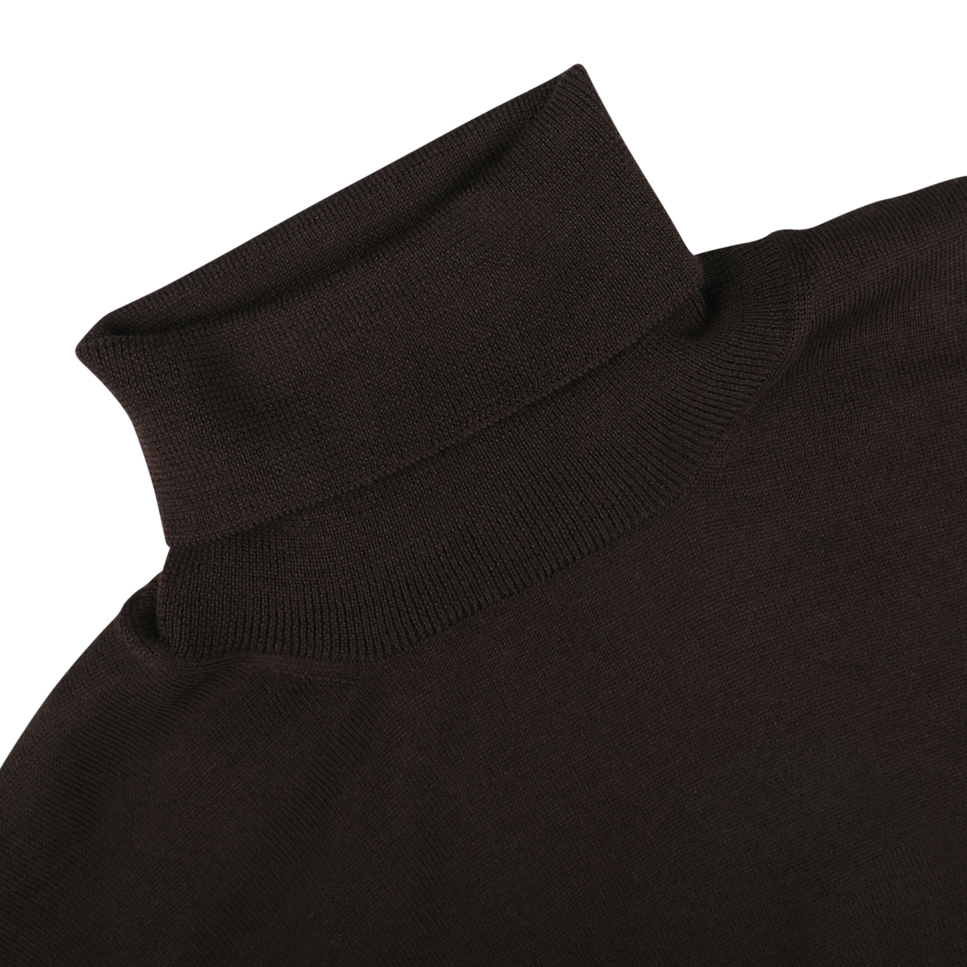 Close-up of a Brown Extra Fine Merino Roll Neck from Gran Sasso laid flat, showcasing its folded neck and the fine texture of the thin wool fabric.