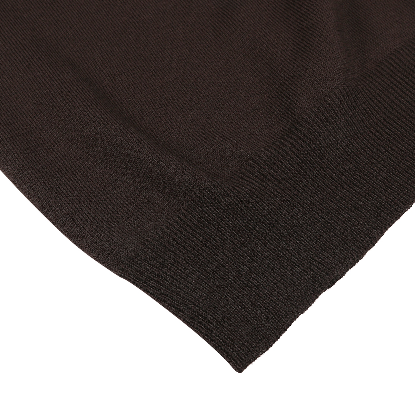 Close-up of a dark brown knitted fabric from a Gran Sasso Brown Extra Fine Merino Roll Neck, showcasing the texture and edge details.