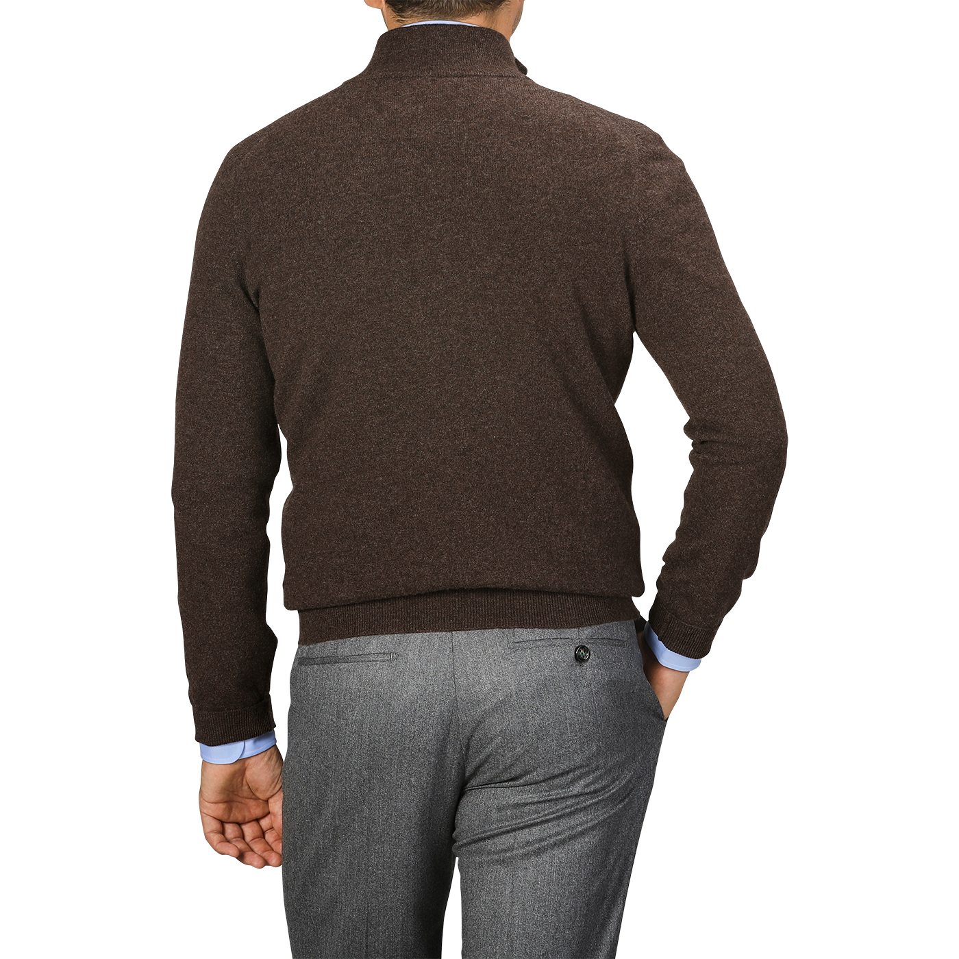 A person is standing with their back to the camera, wearing a Gran Sasso Brown Melange Cashmere 1/4 Zip Sweater and gray trousers.