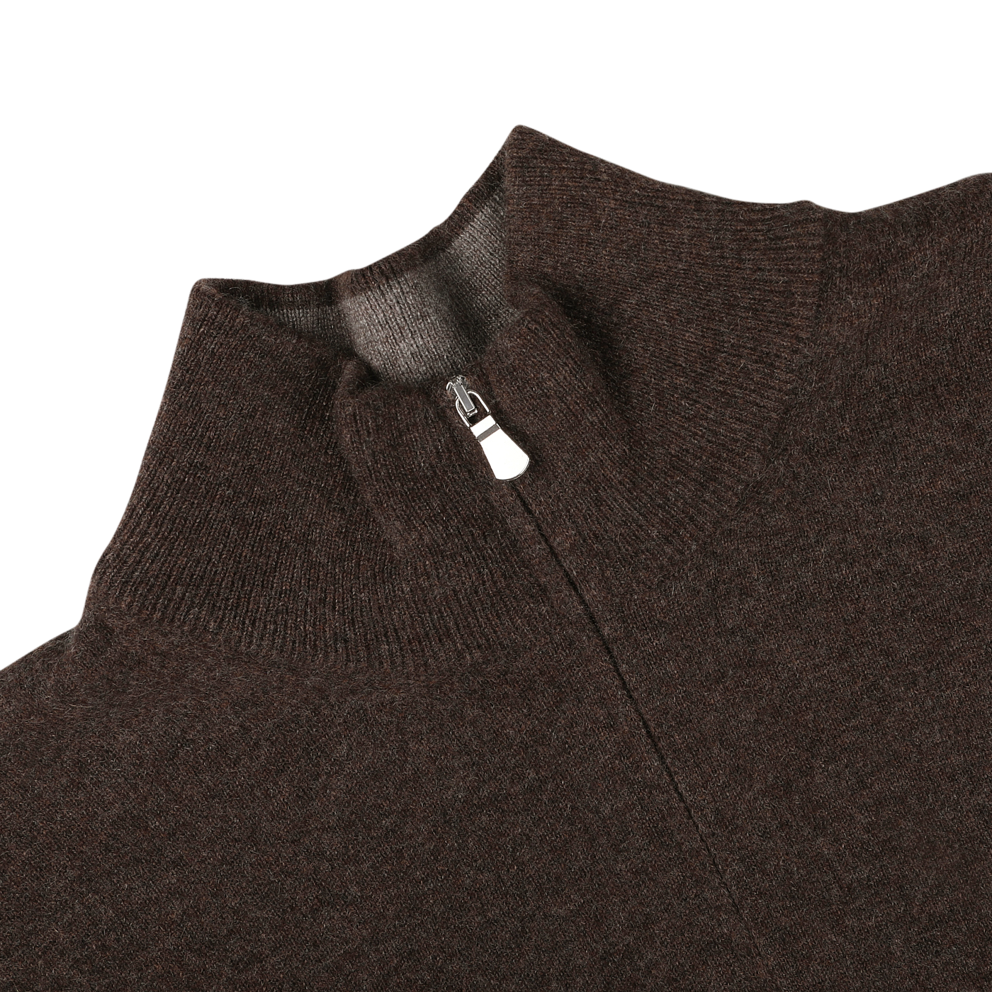 Close-up of the Gran Sasso Brown Melange Cashmere 1/4 Zip Sweater featuring a high collar, displayed against a white background.