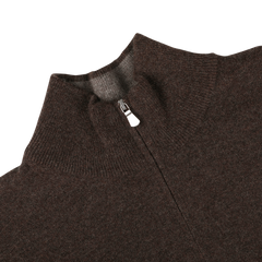 Close-up of the Gran Sasso Brown Melange Cashmere 1/4 Zip Sweater featuring a high collar, displayed against a white background.