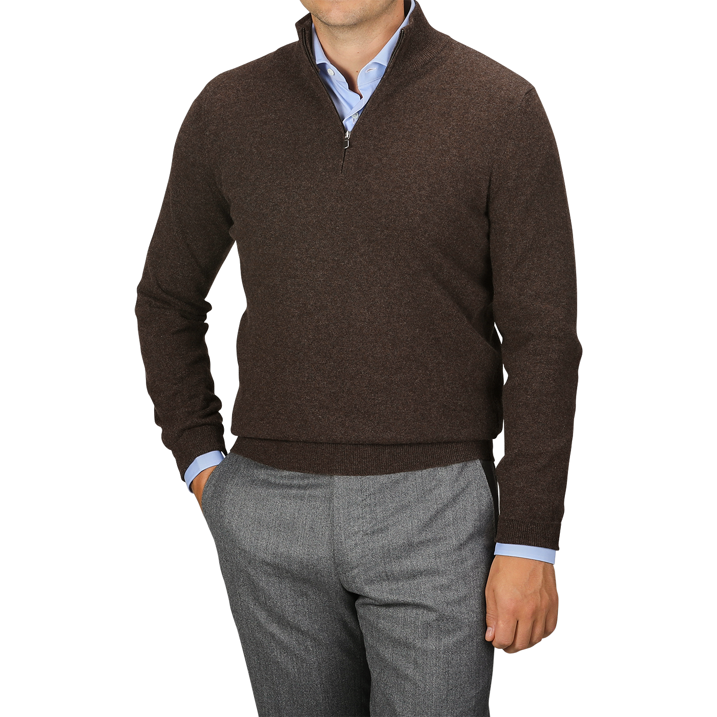 A person is wearing a Gran Sasso Brown Melange Cashmere 1/4 Zip Sweater over a light blue collared shirt, paired with gray trousers. This premium knitwear adds a touch of sophistication while keeping comfort in mind.