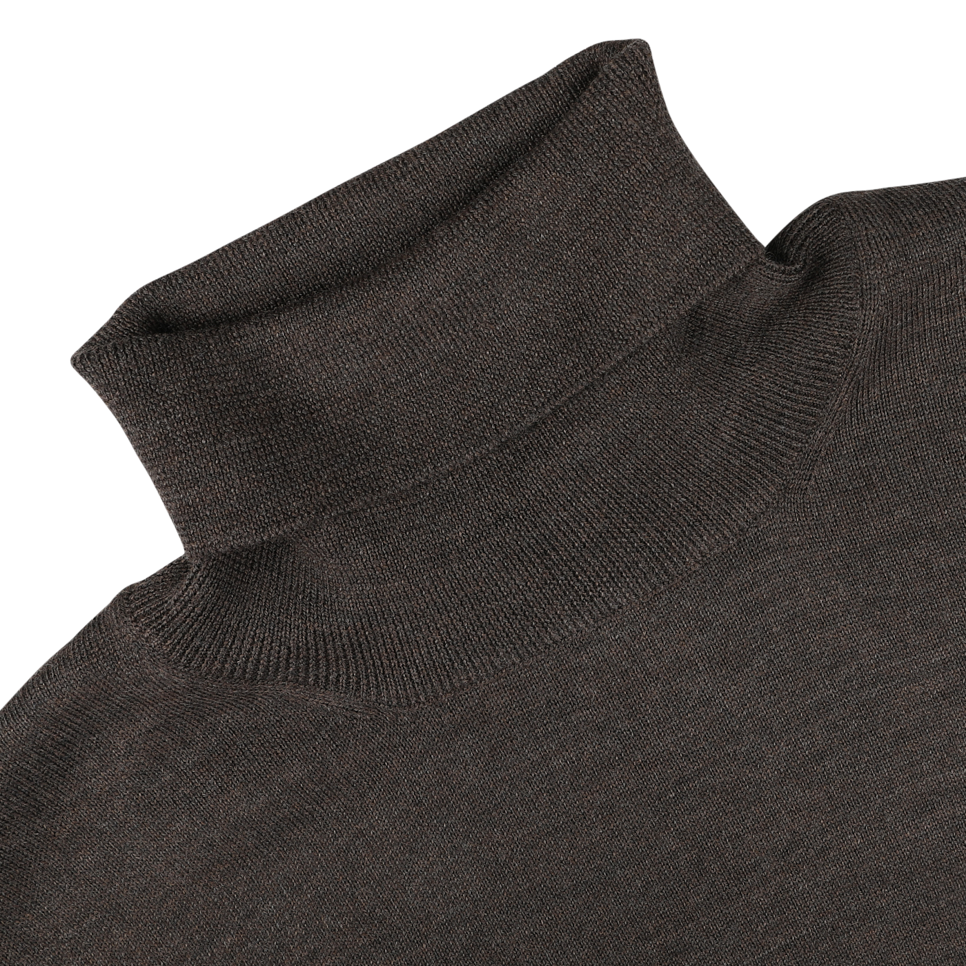 Close-up of a Brown Melange Merino Wool Roll Neck collar by Gran Sasso on a light grey background.