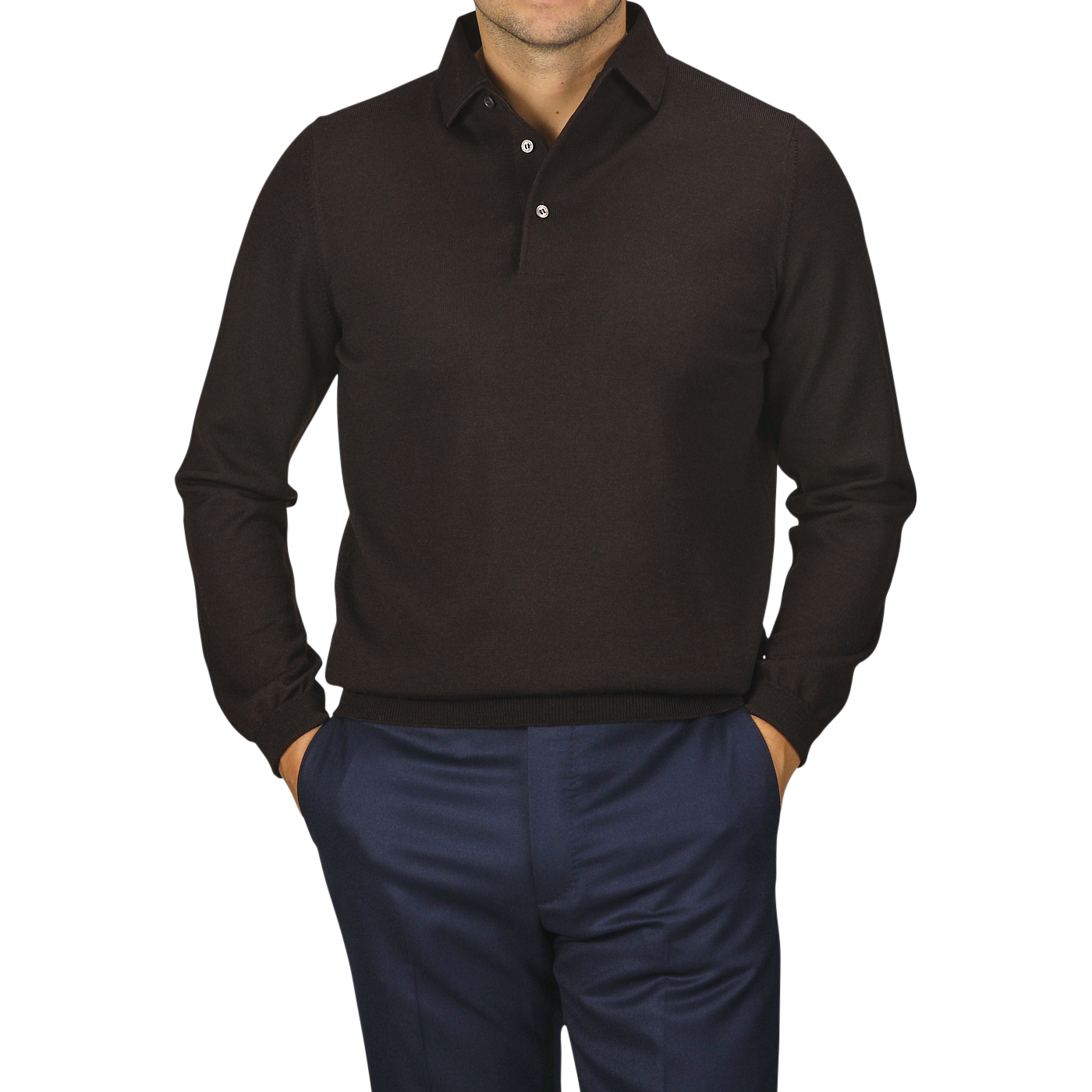 A person with hands in pockets is wearing a Gran Sasso Brown Merino Wool One-Piece Collar Polo Shirt and dark blue pants; the face is not visible.