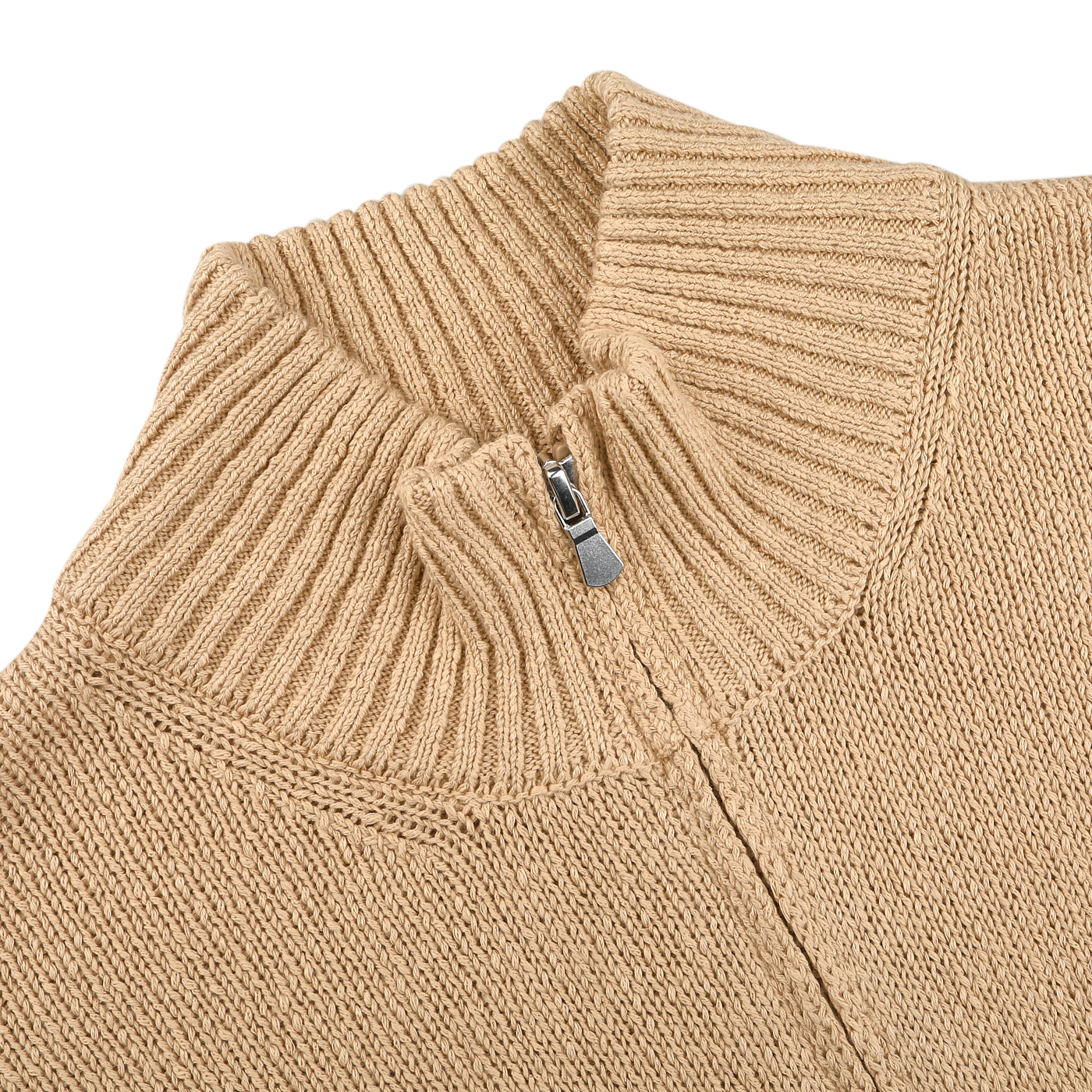 Gran Sasso's Camel Beige Cotton Boucle Full Zip Cardigan features a high ribbed collar and sleek metal zipper closure, crafted from pure cotton boucle—ideal for seasonal layering.