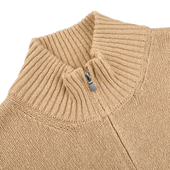 Gran Sasso's Camel Beige Cotton Boucle Full Zip Cardigan features a high ribbed collar and sleek metal zipper closure, crafted from pure cotton boucle—ideal for seasonal layering.