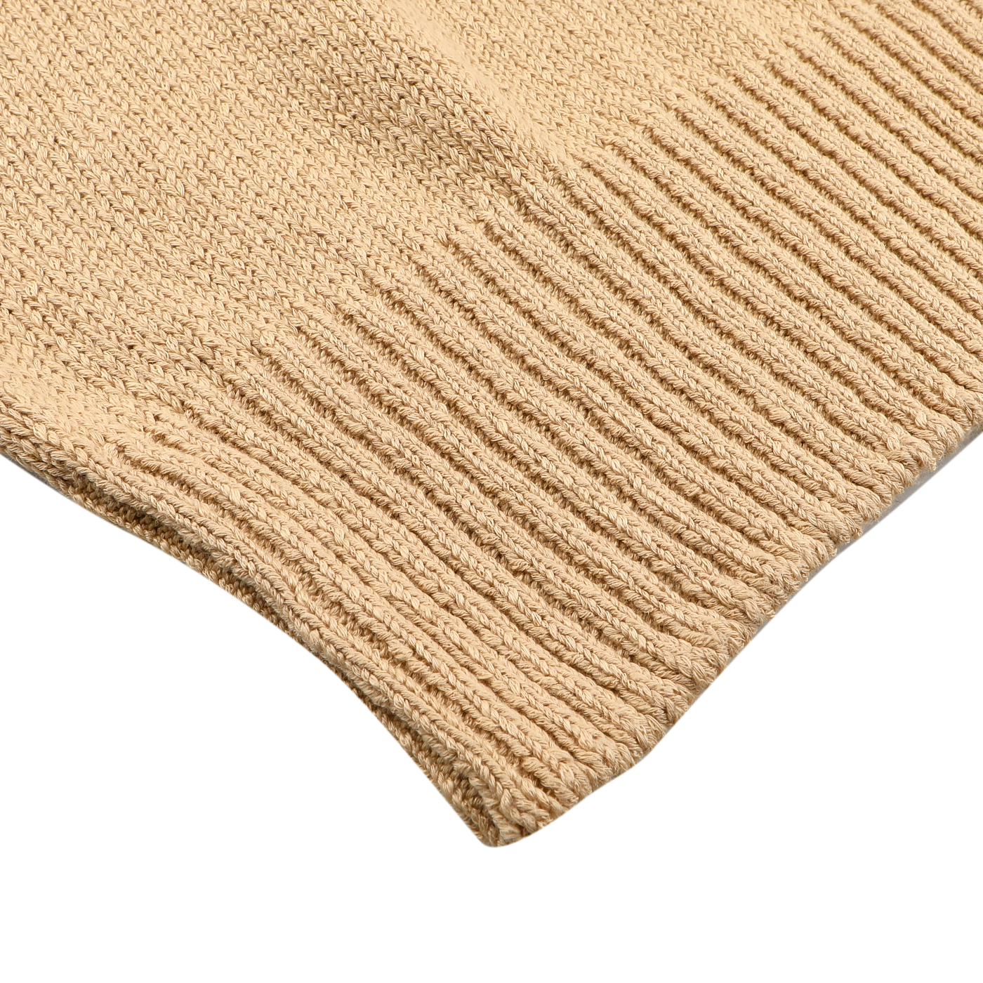 Close-up of the ribbed hem of the Gran Sasso Camel Beige Cotton Boucle Full Zip Cardigan, set against a plain background.