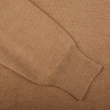 A close up of a Gran Sasso Camel Beige Extra Fine Merino Roll Neck sweater.