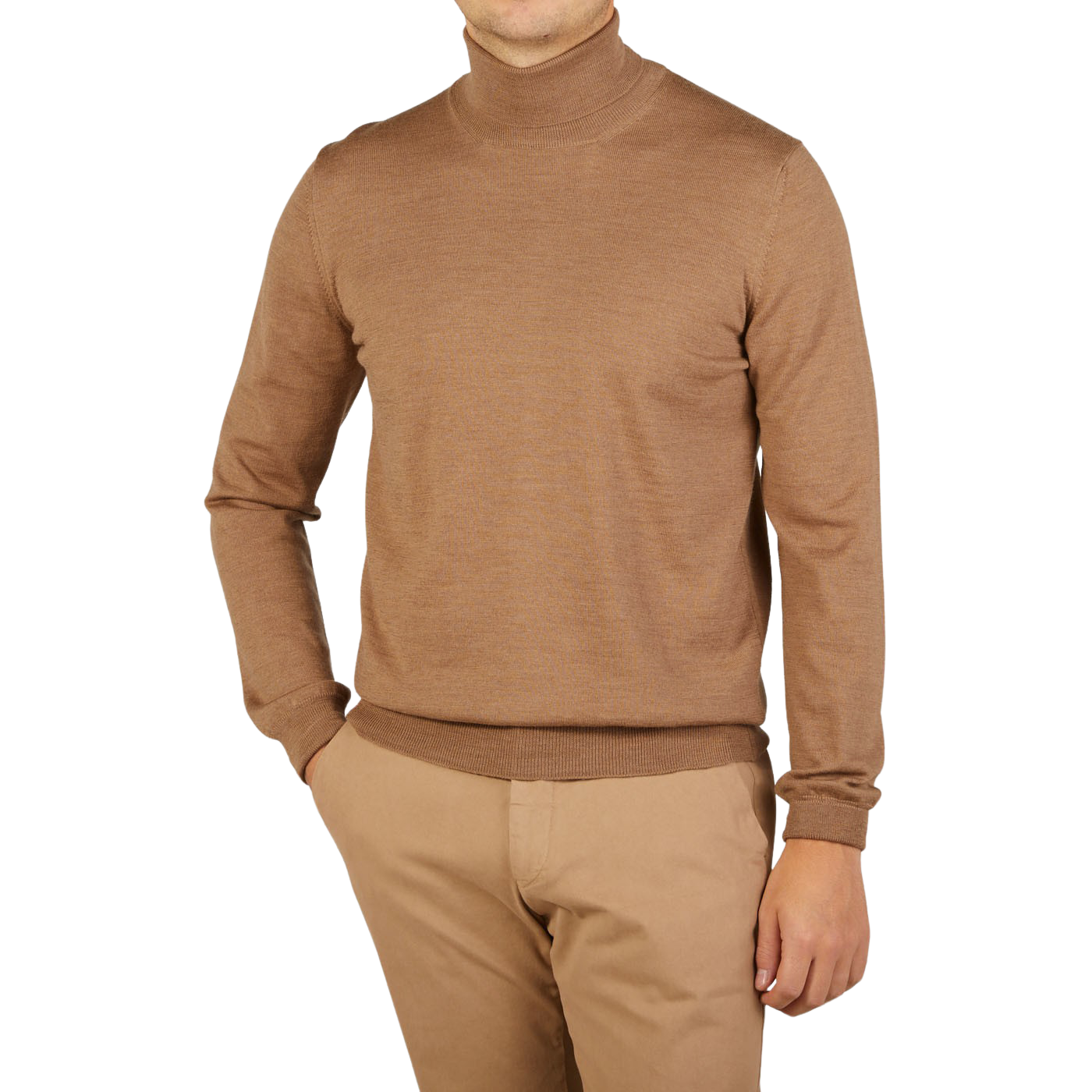 A man wearing a slim fit Gran Sasso Camel Beige Extra Fine Merino Roll Neck sweater and tan pants.