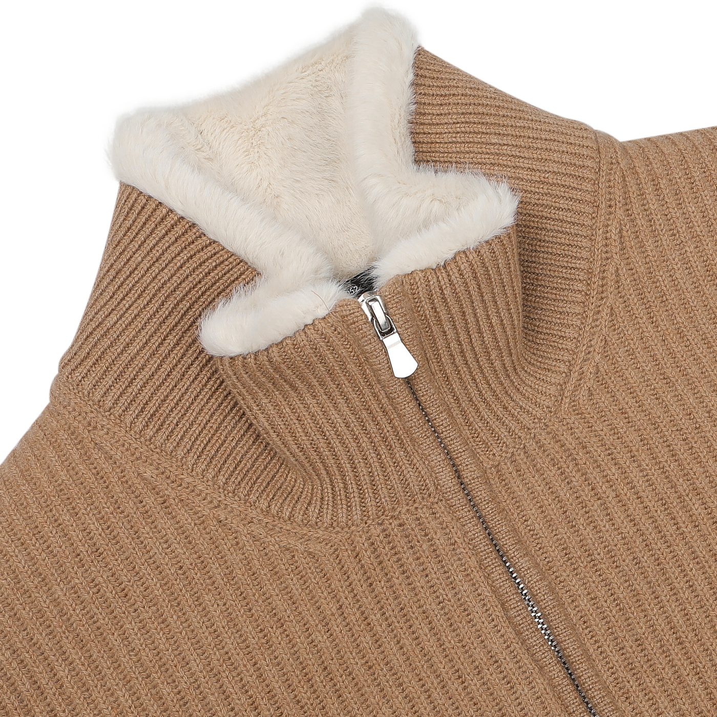 Experience the elegance of luxurious knitwear and classic design with the Camel Beige Faux Fur Lined Cashmere Blouson by Gran Sasso, featuring a high collar lined with cream faux fur.