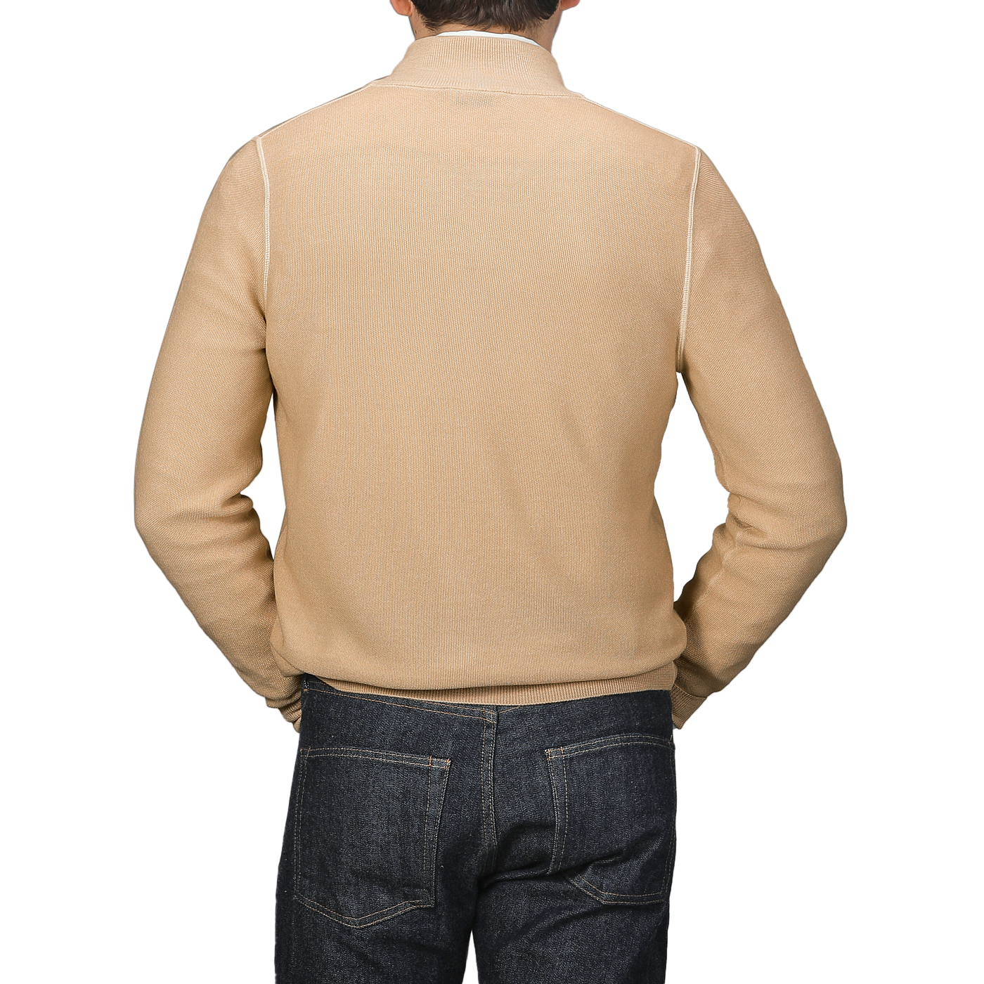 A person wearing a Gran Sasso Camel Beige Vintage Wool Zip Cardigan pairs it with dark jeans, standing with their back to the camera against a gray background.