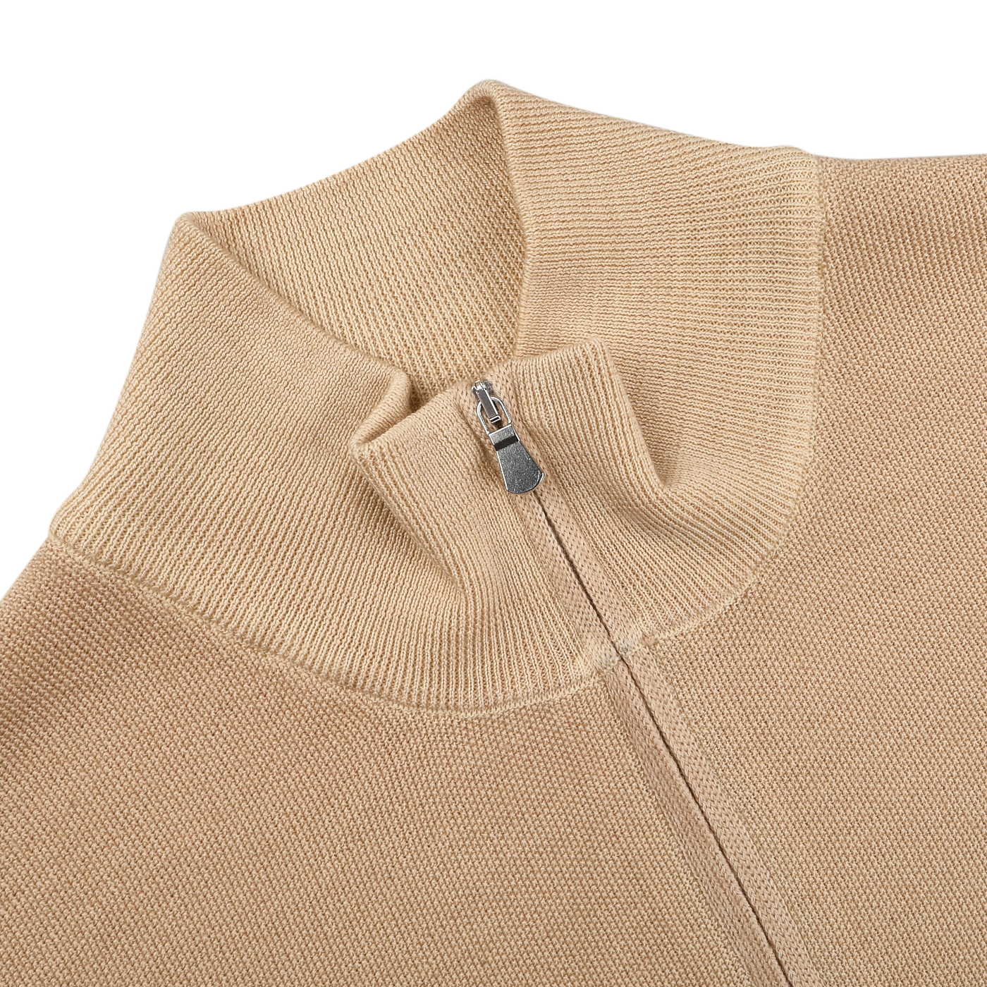 Close-up of a Gran Sasso Camel Beige Vintage Wool Zip Cardigan, showcasing a vertical zipper and high collar, made from virgin wool.