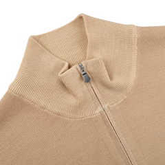 Close-up of a Gran Sasso Camel Beige Vintage Wool Zip Cardigan, showcasing a vertical zipper and high collar, made from virgin wool.