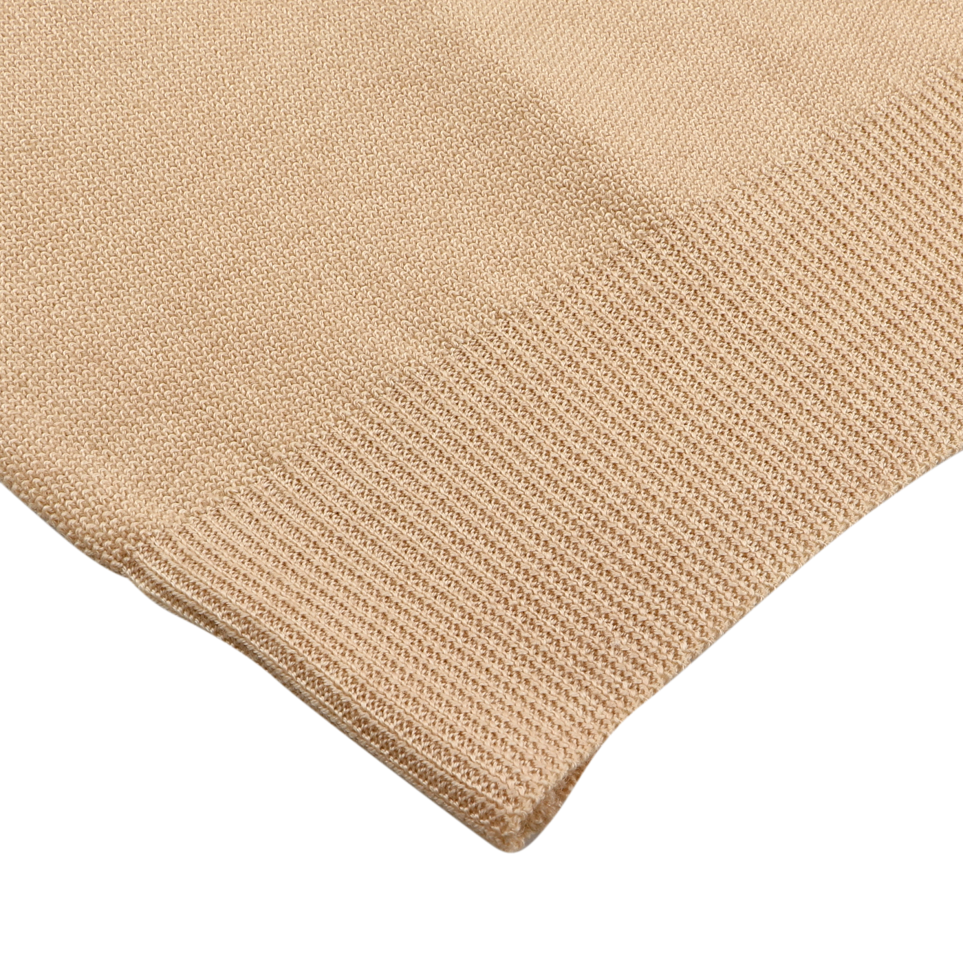 Close-up of a camel beige knitted fabric with a ribbed edge from Gran Sasso's Camel Beige Vintage Wool Zip Cardigan, shown on a light gray background.