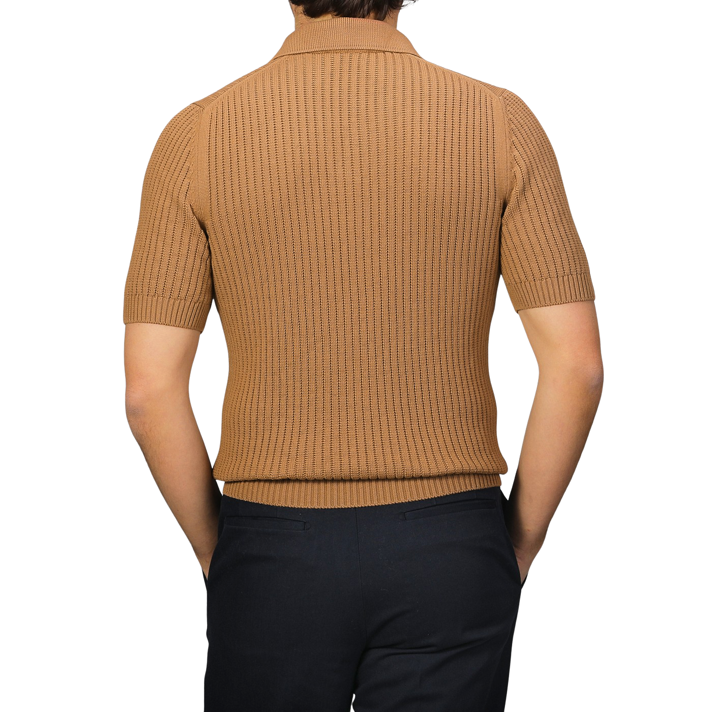 The person is wearing a Camel Brown Organic Cotton Polo Shirt by Gran Sasso, paired with dark slim-fit pants, viewed from the back.