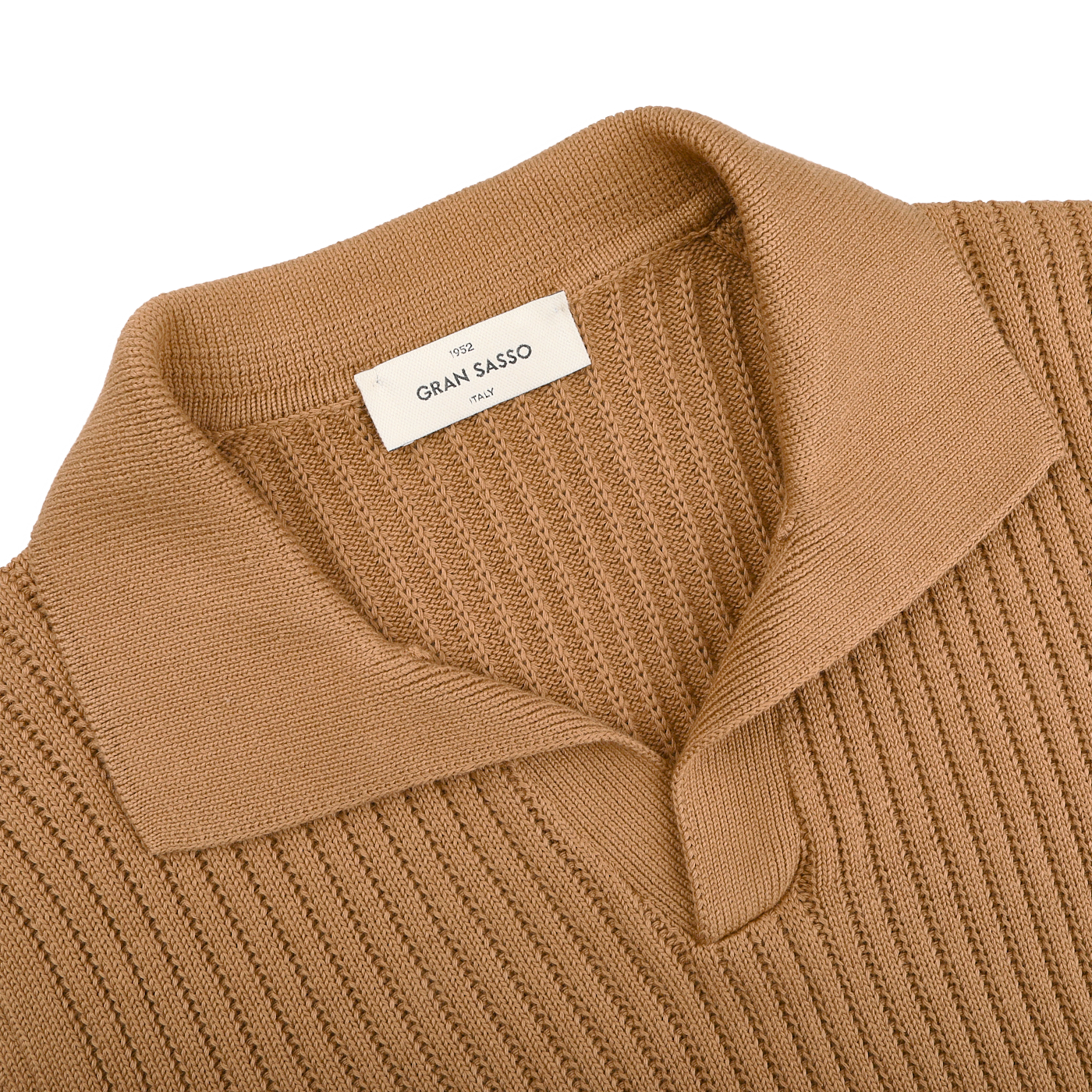 The Camel Brown Organic Cotton Polo Shirt by Gran Sasso is a slim fit, ribbed design featuring a folded collar and the brand label at the neckline.