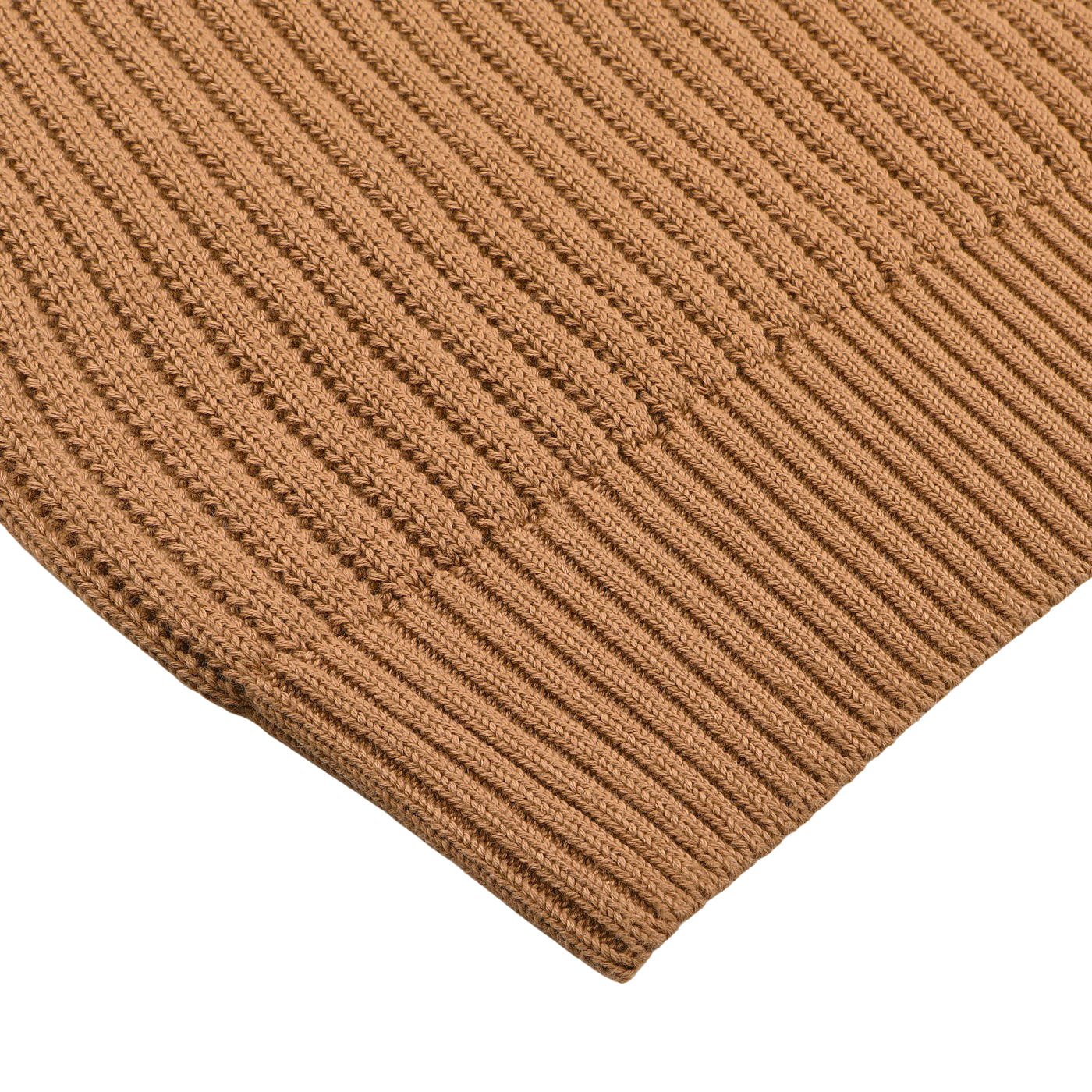 Close-up of a camel brown fabric showing a chunky-knit texture with vertical and horizontal stitches, crafted from organic cotton. Product: Gran Sasso Organic Cotton Polo Shirt.