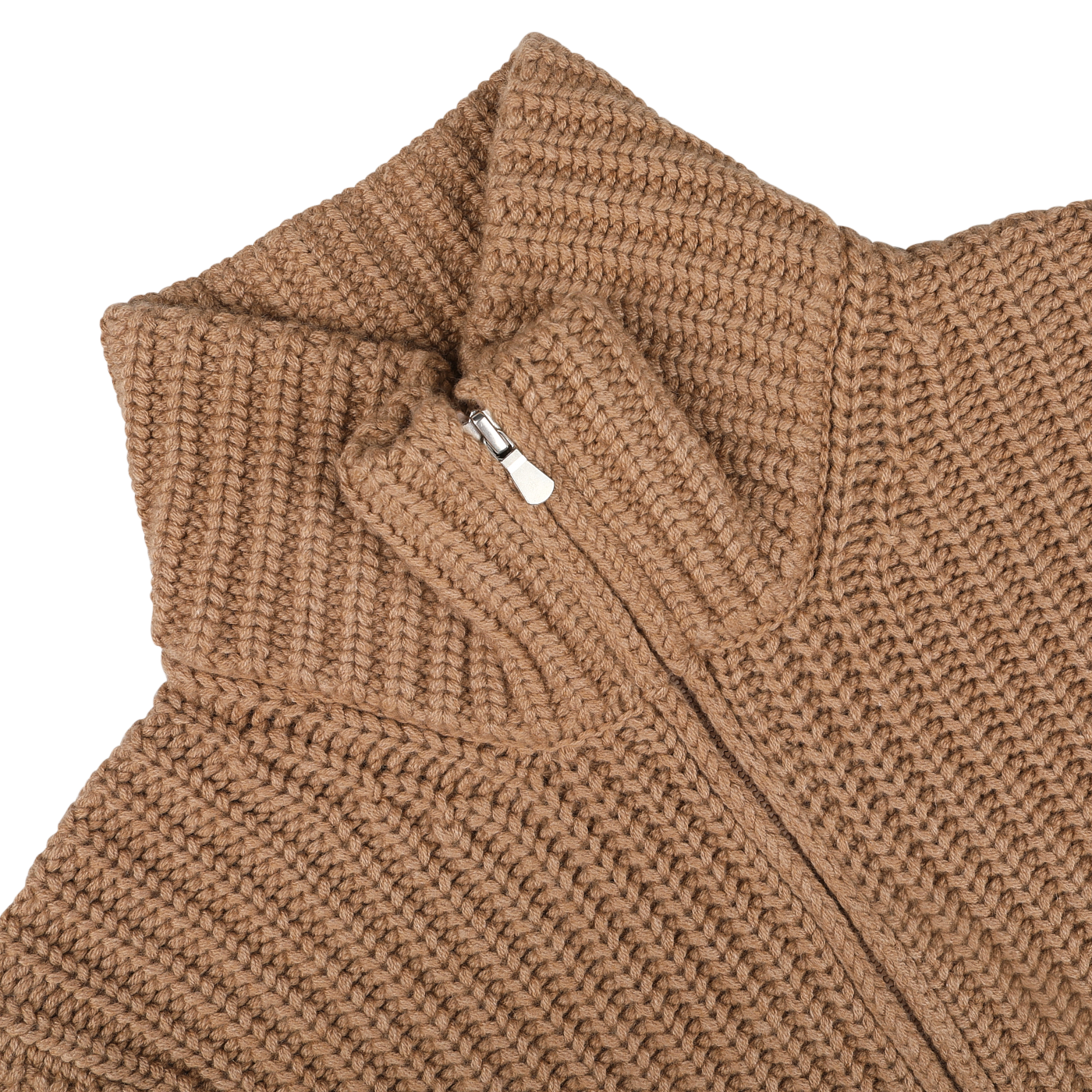 Close-up of a Camel Wool Cashmere Heavy Knit Cardigan by Gran Sasso, featuring a thick, ribbed collar with a partially zipped metallic zipper. The tightly woven knit texture adds to its chunky appeal.