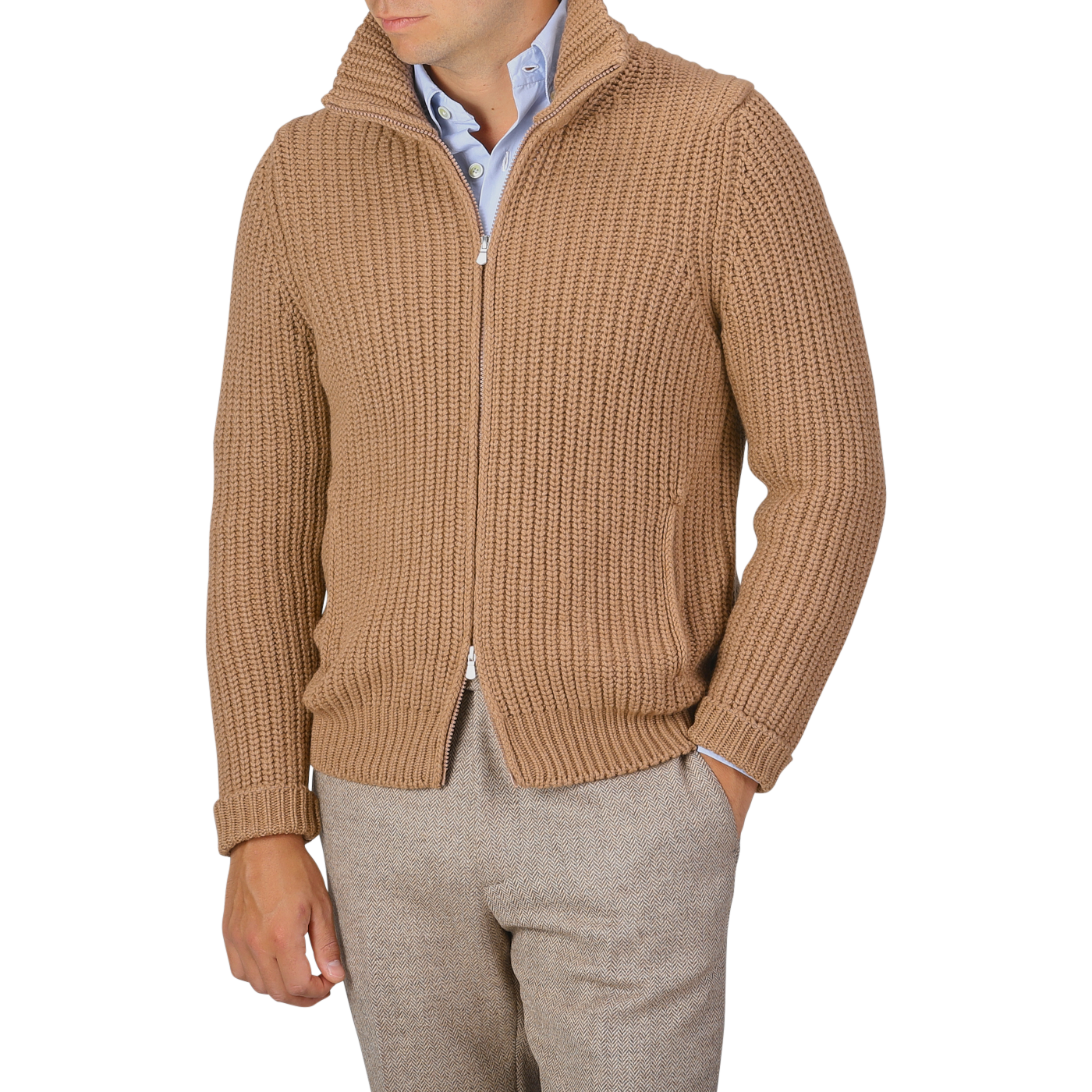 A person wearing a Gran Sasso Camel Wool Cashmere Heavy Knit Cardigan in camel beige over a light blue button-up shirt and beige trousers. The person's head is not visible in the image.