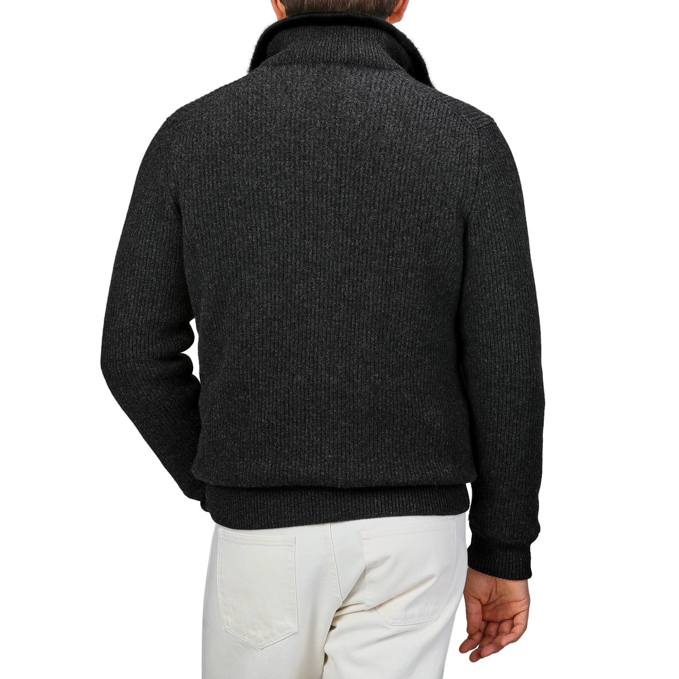 A person wearing a Gran Sasso Charcoal Faux Fur Lined Cashmere Blouson and light-colored pants, viewed from the back against a plain background.