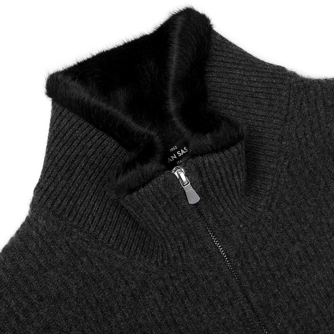 Close-up of the Charcoal Faux Fur Lined Cashmere Blouson by Gran Sasso, featuring ribbed knitwear, a zipper, and a black fur-trimmed collar against a plain background.