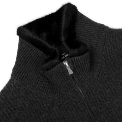 Close-up of the Charcoal Faux Fur Lined Cashmere Blouson by Gran Sasso, featuring ribbed knitwear, a zipper, and a black fur-trimmed collar against a plain background.