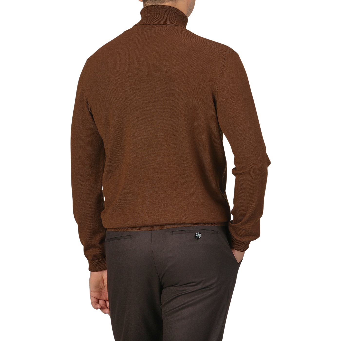 Rear view of a person wearing a slim fit Cinnamon Brown Extra Fine Merino Rollneck and dark brown trousers from Gran Sasso.