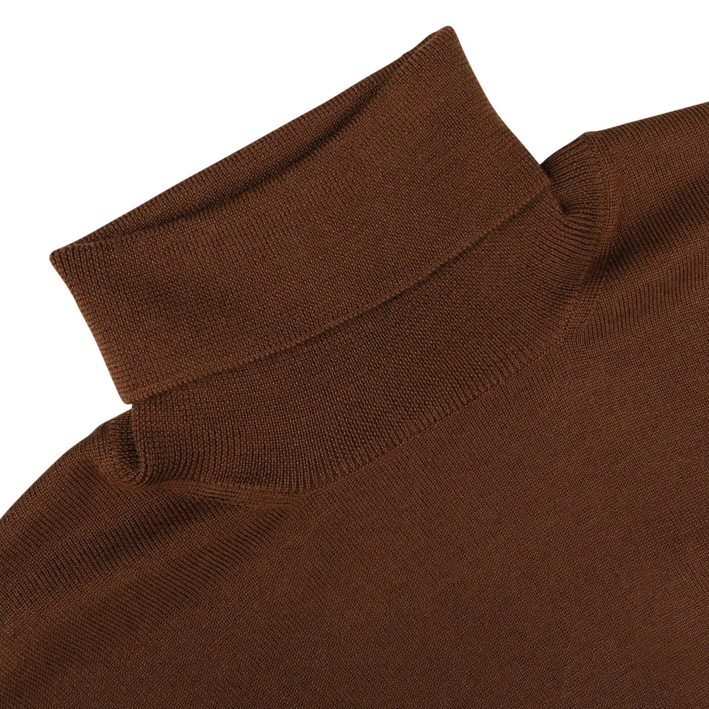 Close-up of a slim-fit Cinnamon Brown Extra Fine Merino Rollneck by Gran Sasso, showcasing the neckline and top of the shoulders against a plain background.