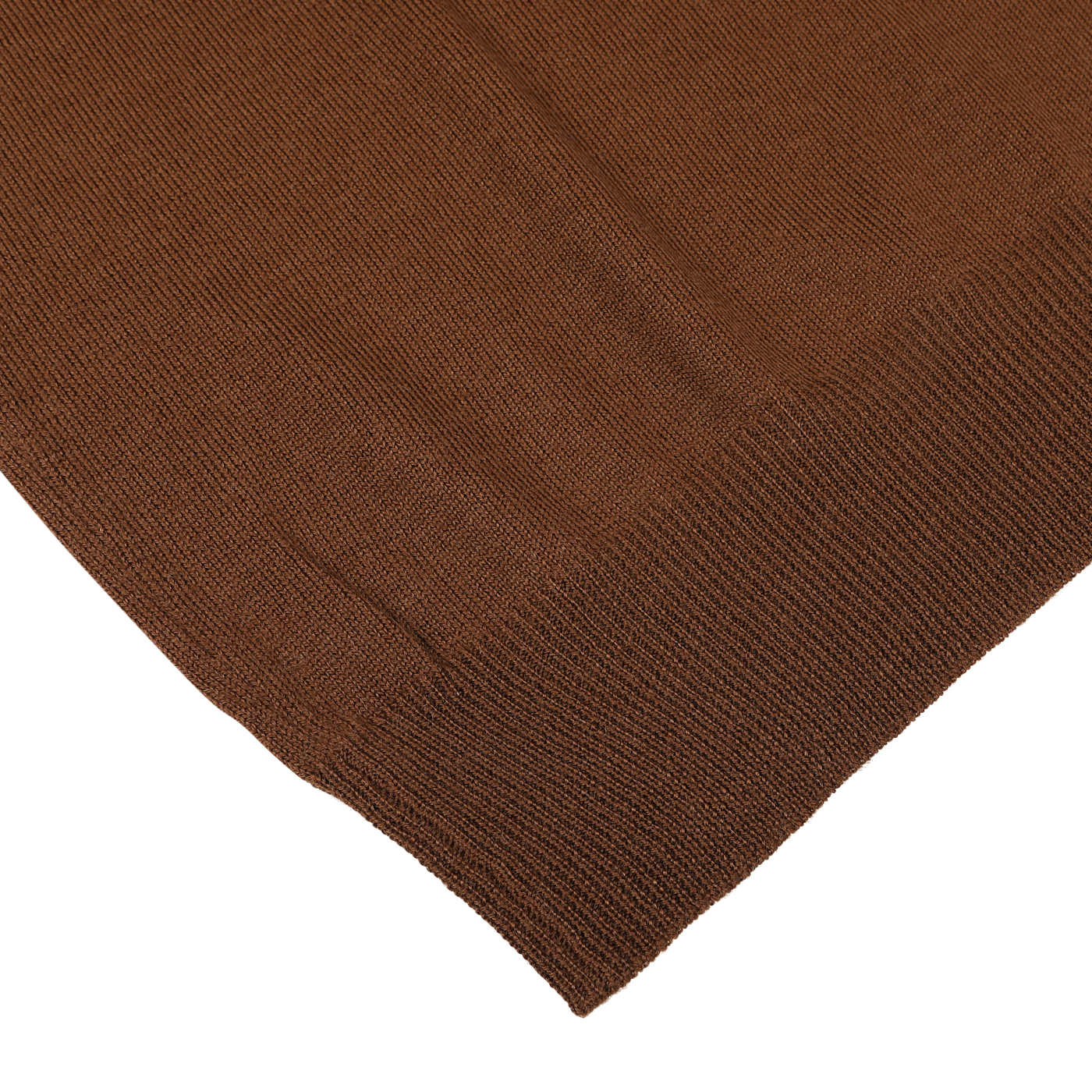 Close-up of the hem of a Cinnamon Brown Extra Fine Merino Rollneck by Gran Sasso, showcasing the texture and stitching details against a plain white background. This piece is part of their slim fit collection, perfect for pairing with a classic wool roll-neck.