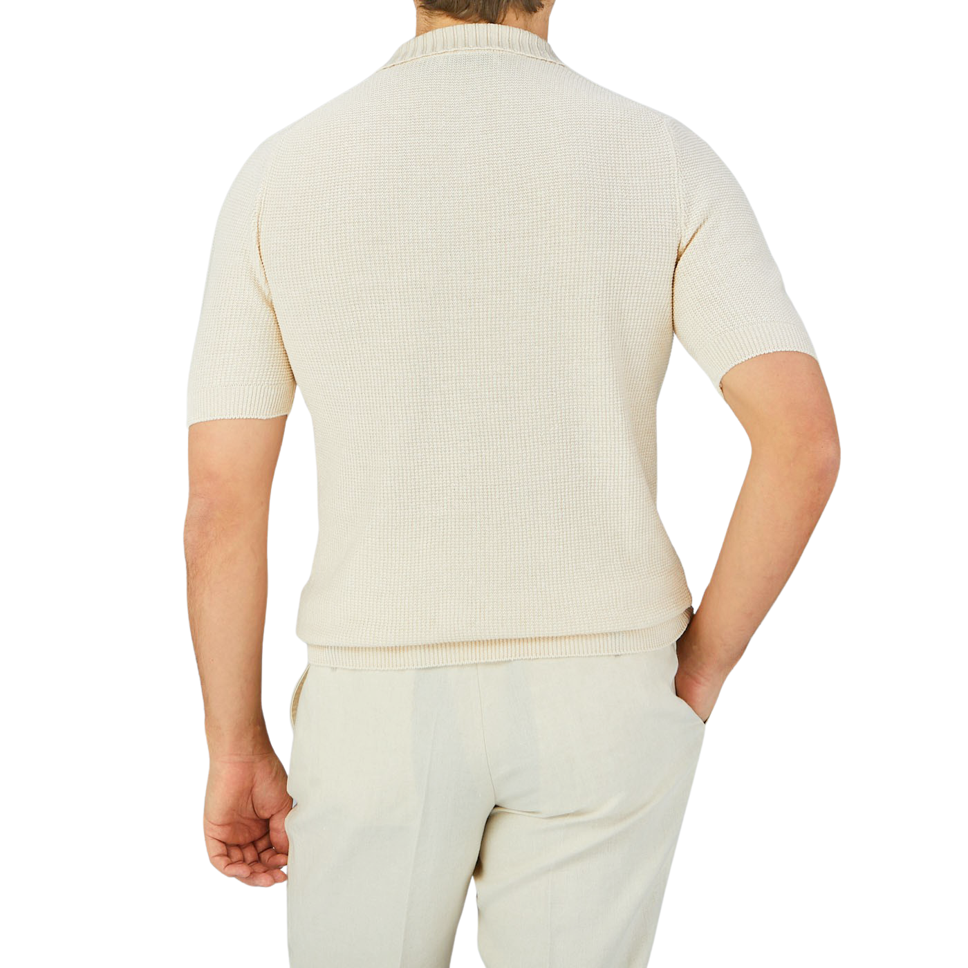 The back view of a man wearing a Gran Sasso Cream Beige Cotton Linen Polo Shirt.