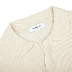 A Cream Beige Cotton Linen Polo Shirt by Gran Sasso in a slim fit with a white label.