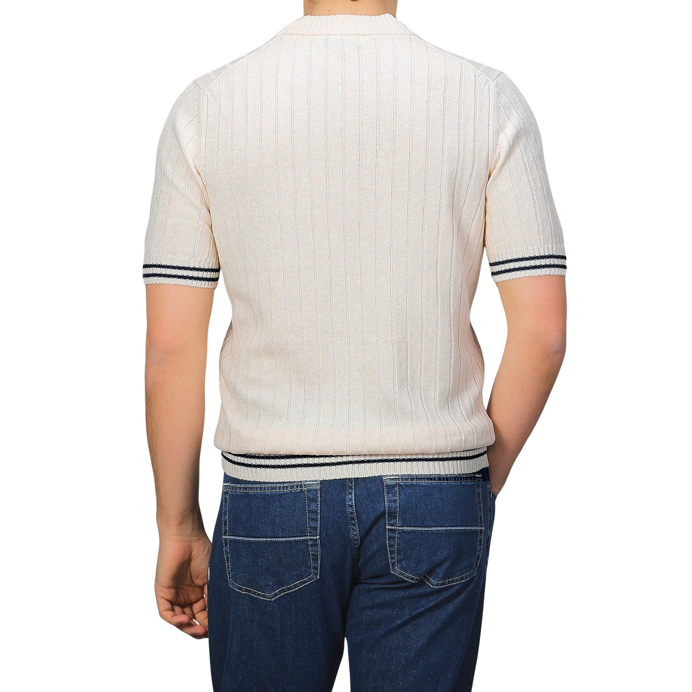 A person wearing a Gran Sasso Cream Beige Cotton Linen T-Shirt featuring dark sleeve and hem stripes, paired with slim fit blue jeans, viewed from the back.