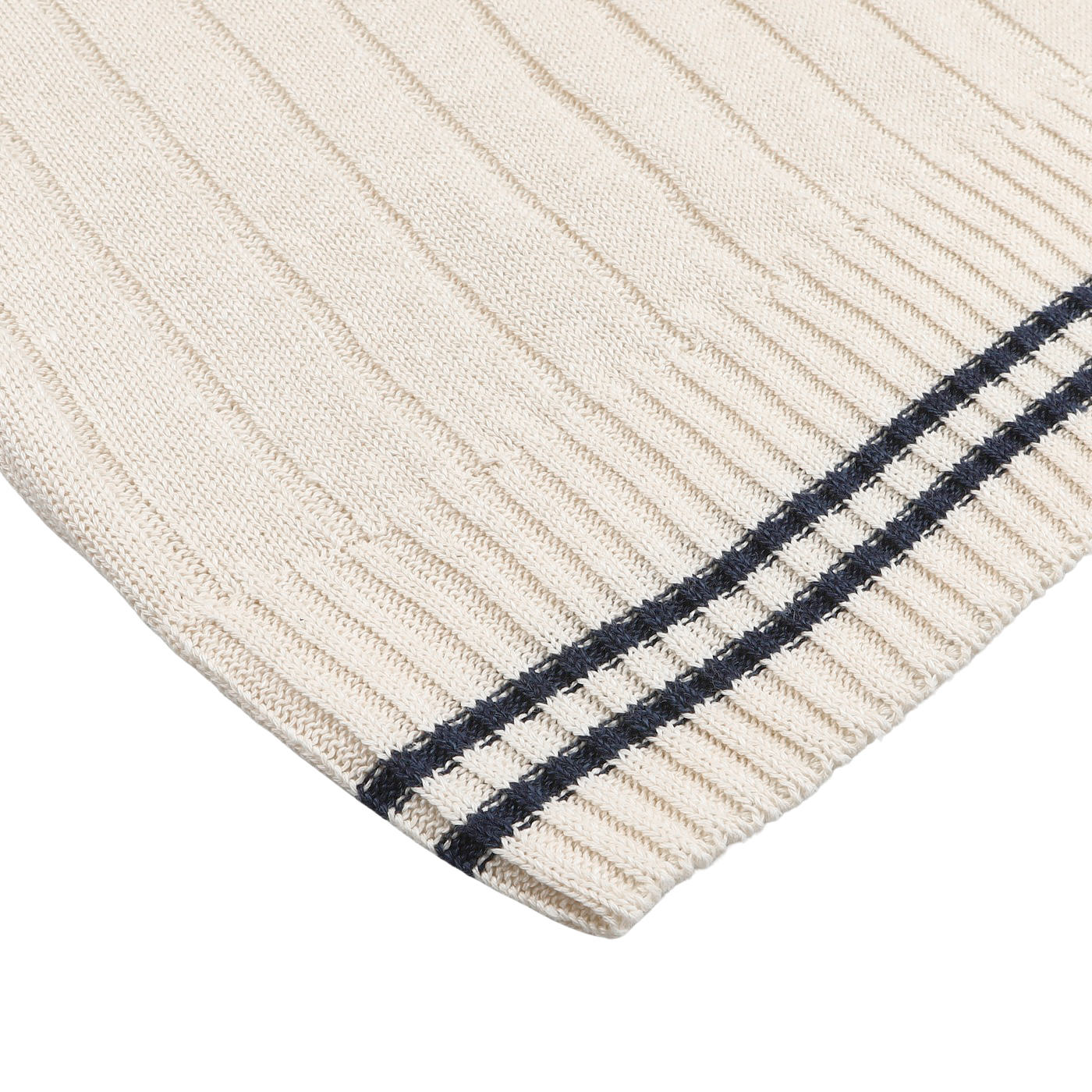 A close-up of the Cream Beige Cotton Linen T-Shirt by Gran Sasso shows cream-colored knit fabric with vertical ribbing and two navy-blue stripes near the edge, ideal for summer.