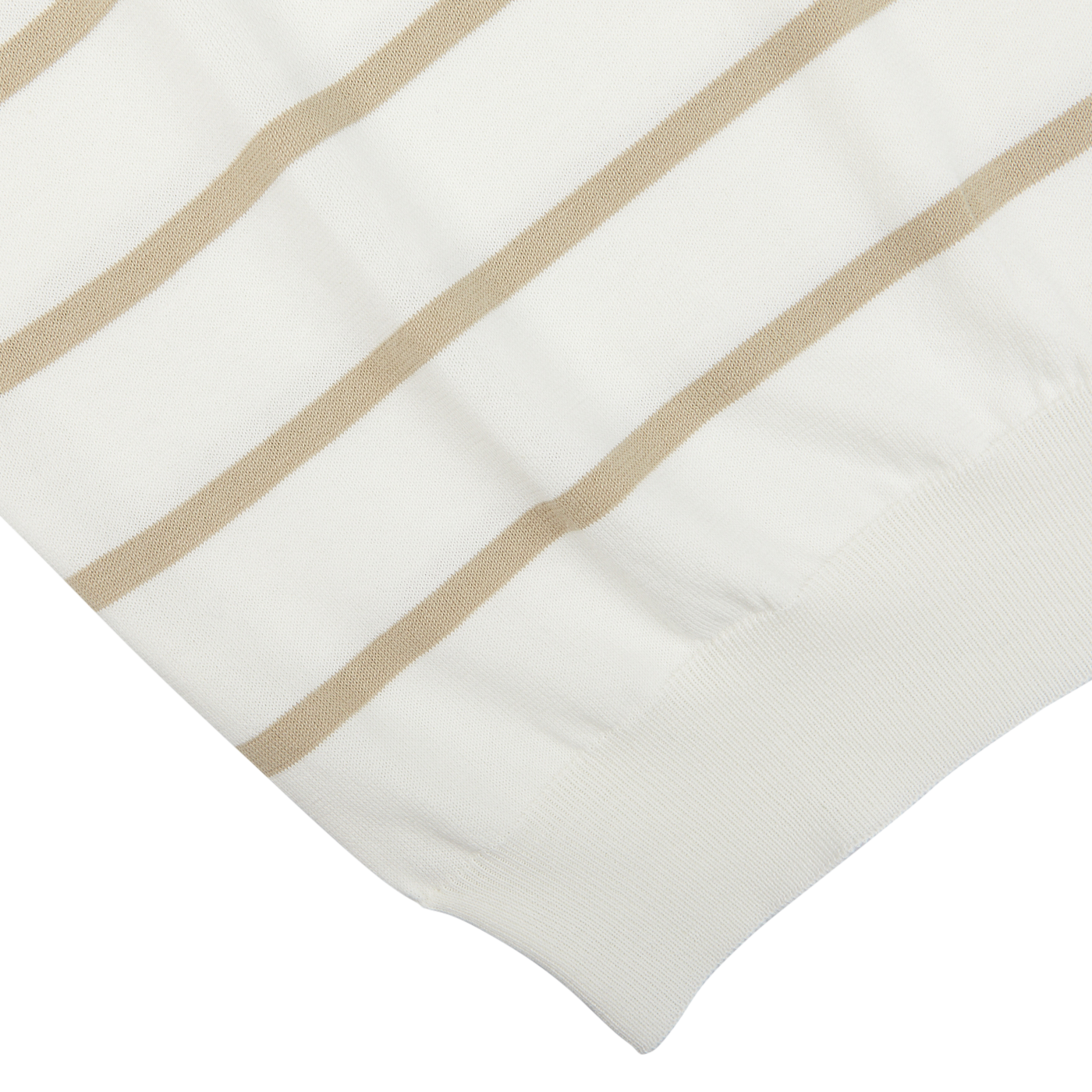 White knitted fabric with tan horizontal stripes.
Cream Beige Striped Organic Cotton T-Shirt by Gran Sasso.