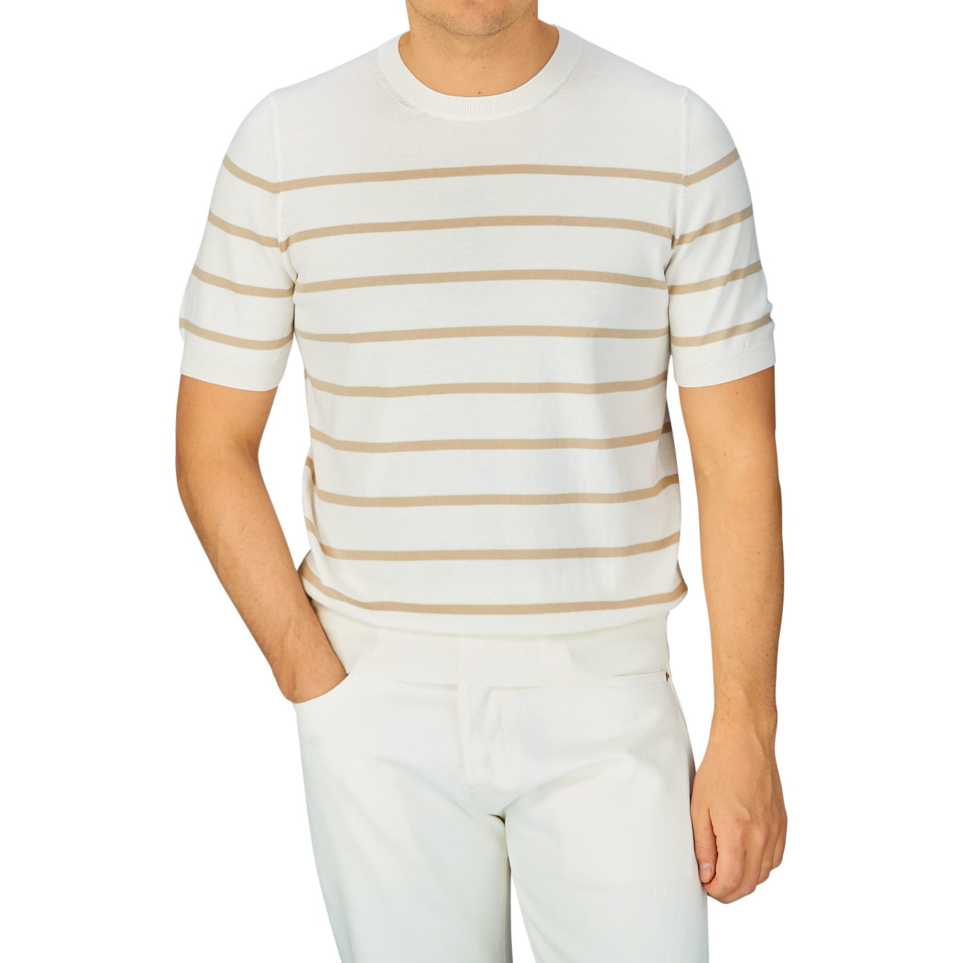 Man wearing a Cream Beige Striped Organic Cotton T-Shirt from Gran Sasso with white pants.