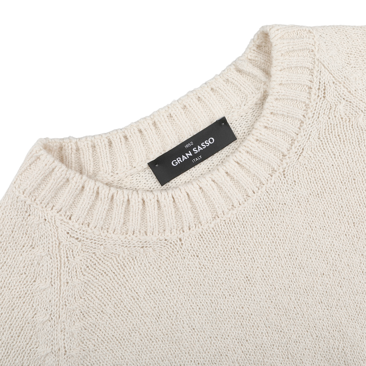 The Cream Cotton Boucle Crewneck Sweater by Gran Sasso is perfect for layering, featuring a ribbed neckline and a black "Gran Sasso Italy" label inside. Crafted from pure cotton boucle, it combines style with comfort.