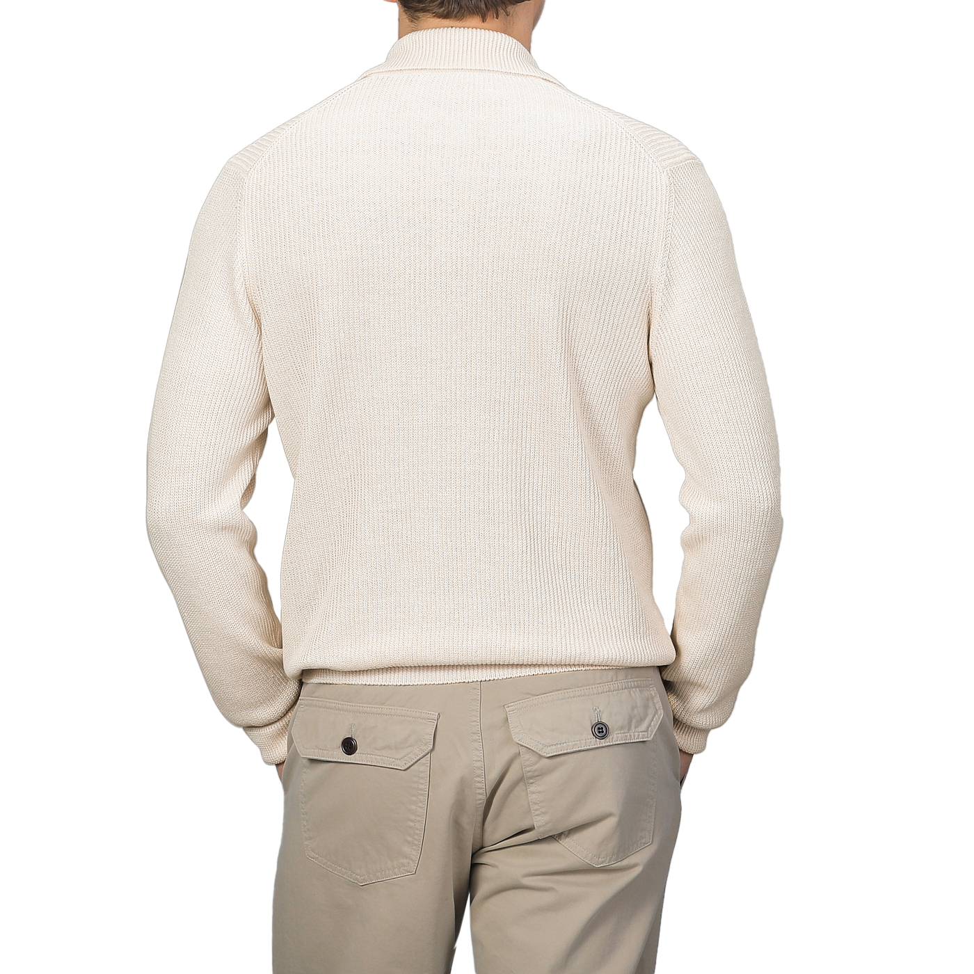 A man wearing a Gran Sasso Cream Cotton Linen LS Polo Shirt and khaki pants is facing away.