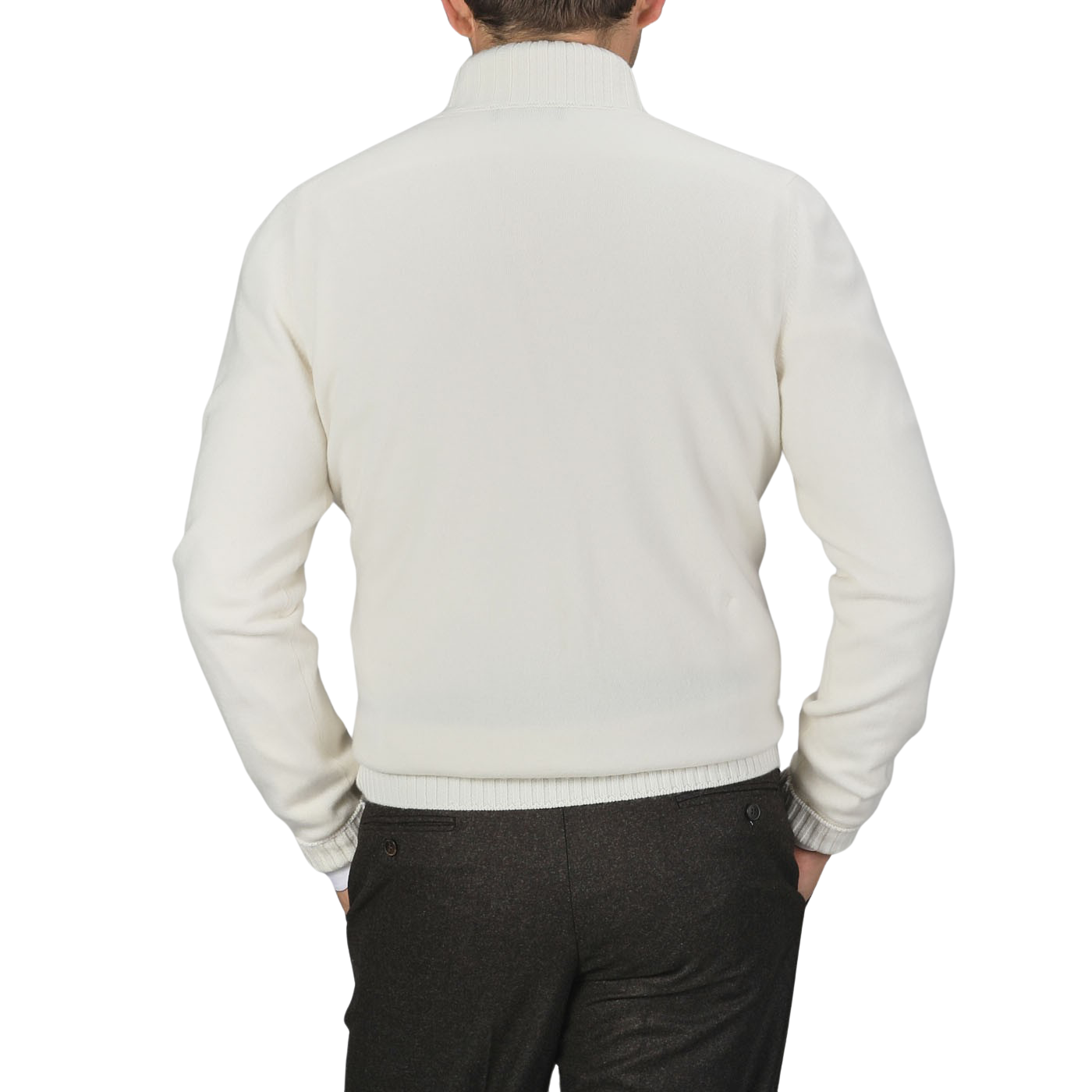 A person wearing a Cream Felted Cashmere Zip Cardigan by Gran Sasso and dark pants is shown from the back against a plain background.