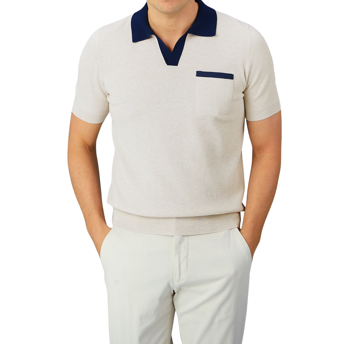 A man wearing a Cream Fresh Cotton Contrast Collar Polo Shirt by Gran Sasso.