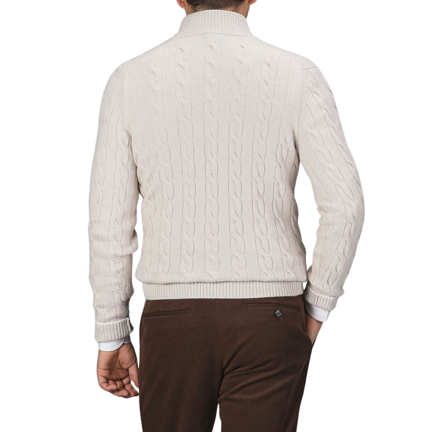 A person wearing a cream Pure Cashmere Quarter Button Sweater from Gran Sasso and brown pants is shown from the back against a plain background.