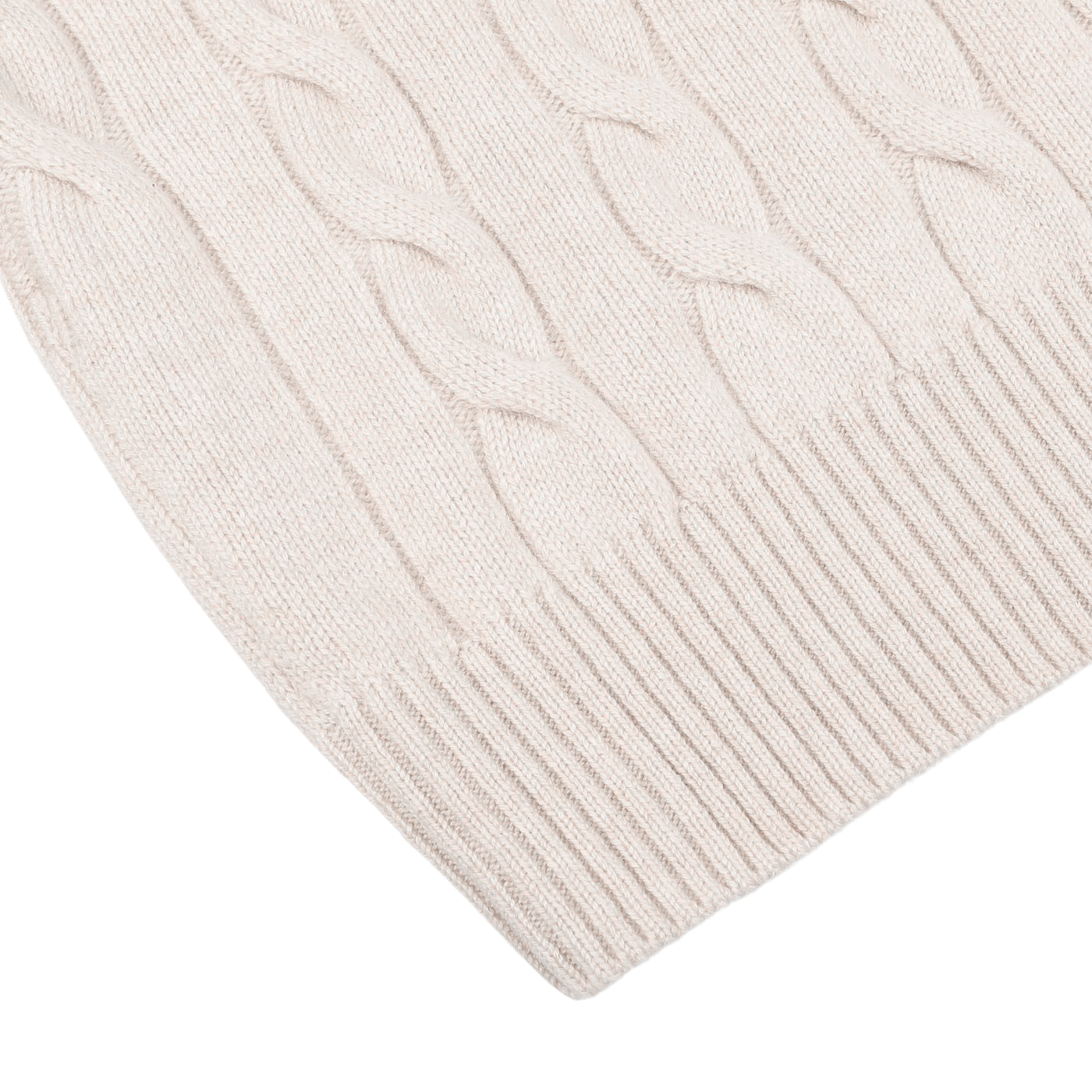 A close-up view of a Cream Pure Cashmere Quarter Button Sweater by Gran Sasso, featuring ribbed hem detailing.