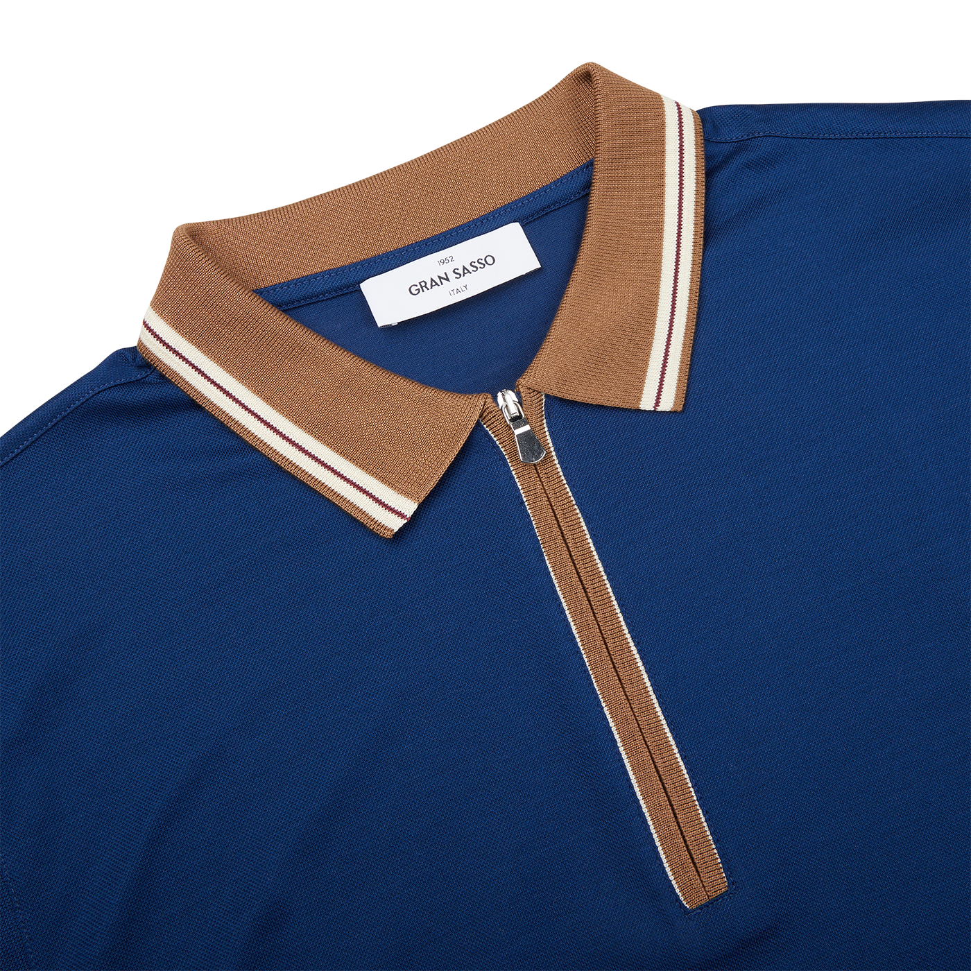 A high-quality Dark Blue Filo Scozia Zip polo shirt from Gran Sasso with a tan and brown collar.