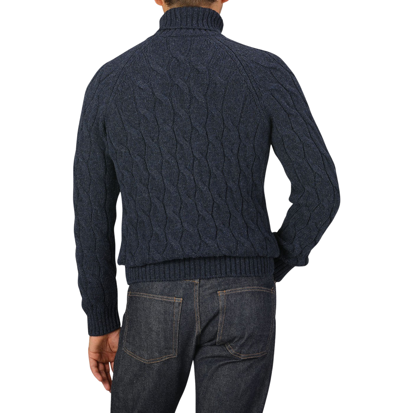 A person is wearing a Gran Sasso Dark Blue Wool Cable Knit Rollneck sweater and dark blue jeans. The photo is taken from the back, showcasing the sweater's texture and design.